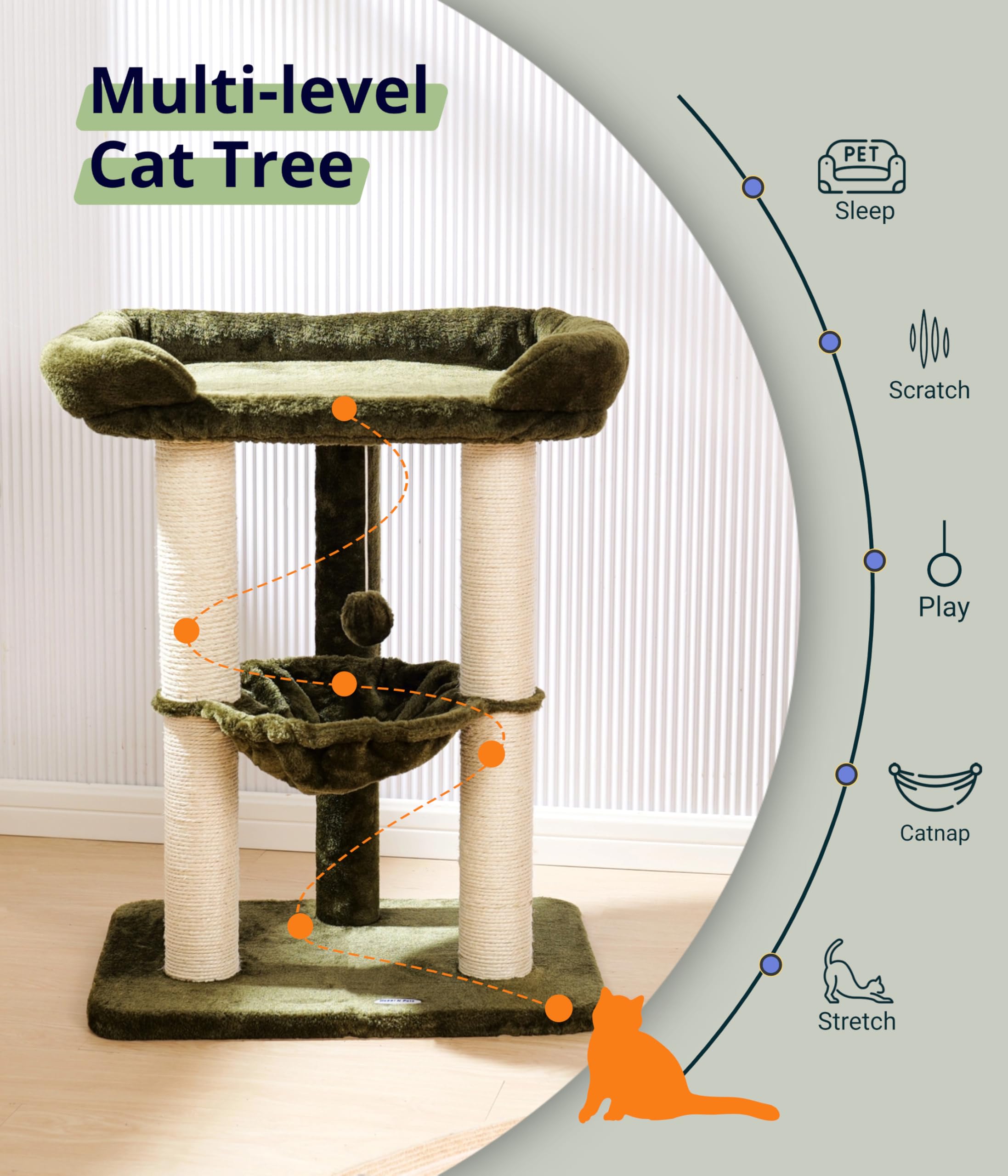 Happi N Pets 71CM Kratzbaum für Katzen, Hoher Kratzstamm mit großem Bett für große Katzen, Sisal-Kratzbaum mit weicher Liegefläche & Hängematte, Stabiler Katzenbaum, Abnehmbarer Bezug-Beige