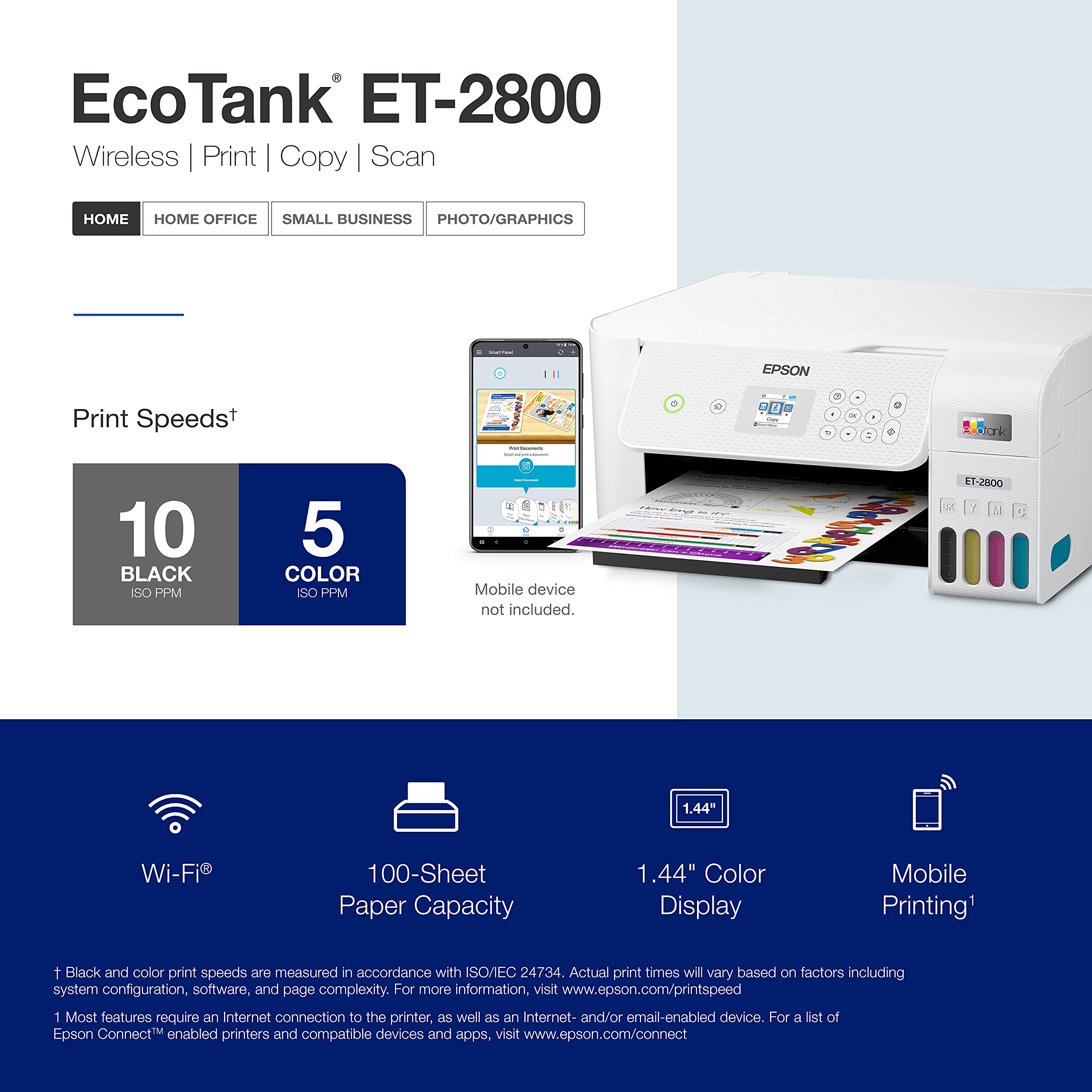 Epson EcoTank ET-2800 Wireless Color All-in-One Cartridge-Free Ink Supertank Printer with Scan and Copy for Home Use, Black