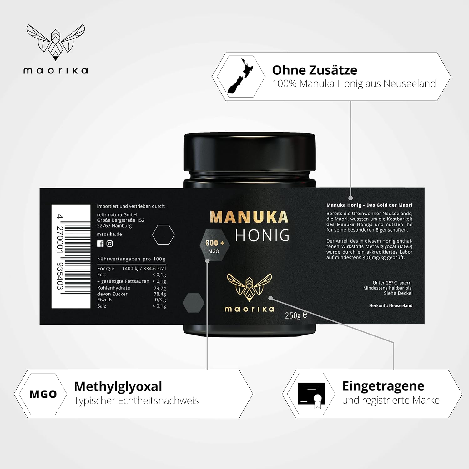 maorika - Manuka Honig 800 MGO + 250g im Glas (lichtundurchlässig, kein Plastik) - laborgeprüft, zertifiziert aus Neuseeland