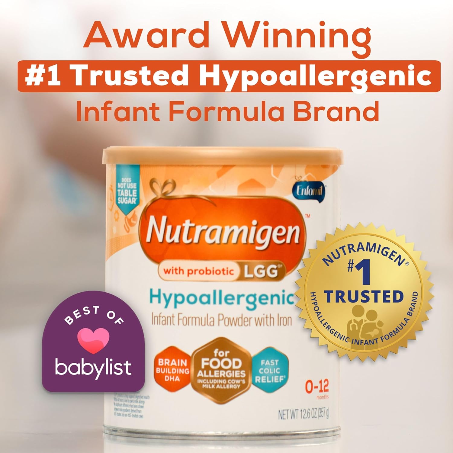 Enfamil Nutramigen Hypoallergenic Infant Formula with Iron, Lactose-Free, Colic Relief from Cow's Milk Allergy Starts in 24 Hours, Brain-Building DHA, Probiotic LGG for Immune Support, 27.8 Oz Can
