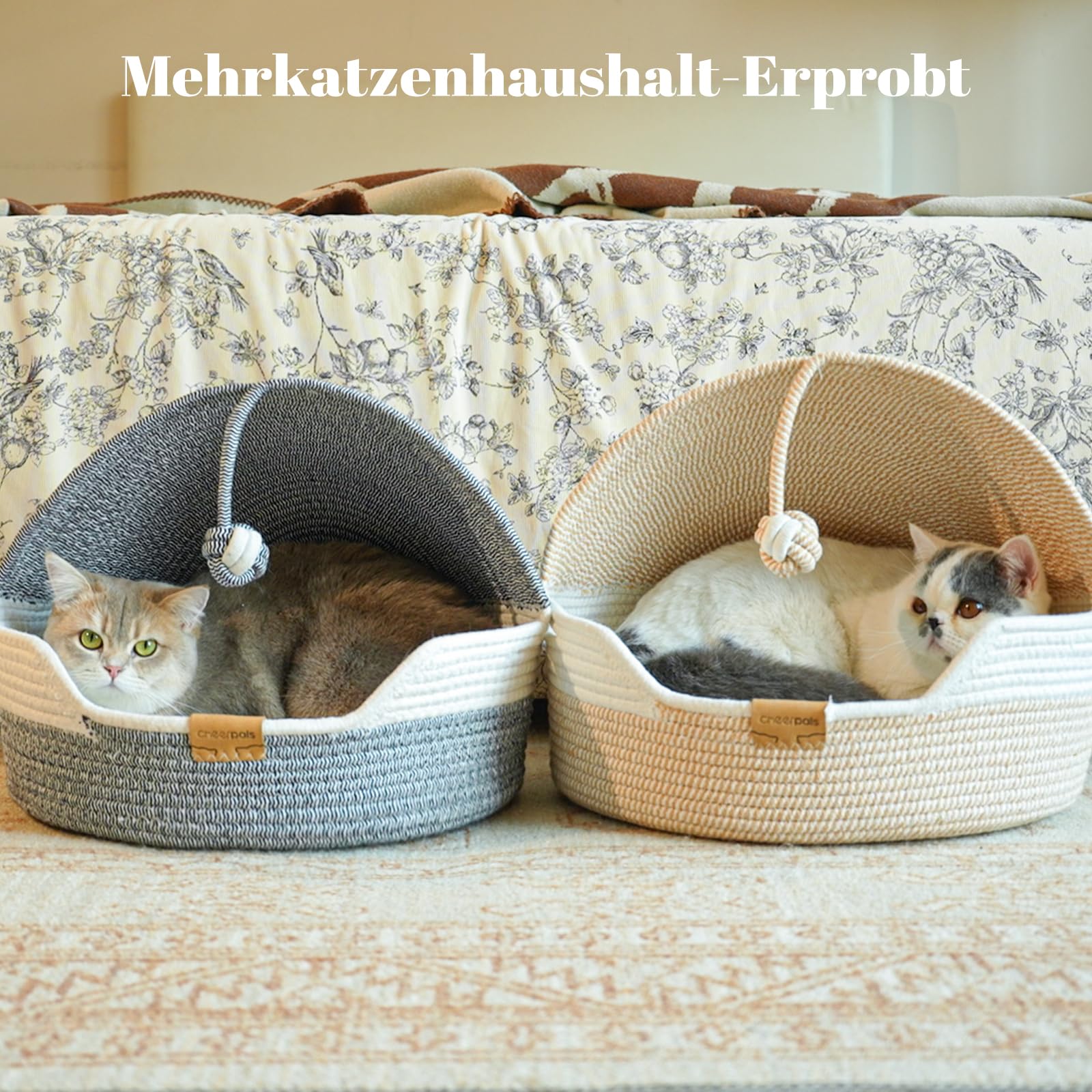 CheerPals Katzenbett mit Kissen, 47cm Waschbar Katzenkorb aus Baumwollseilen geflochten, zum Schlafen für Alle Katze, All Season Universal