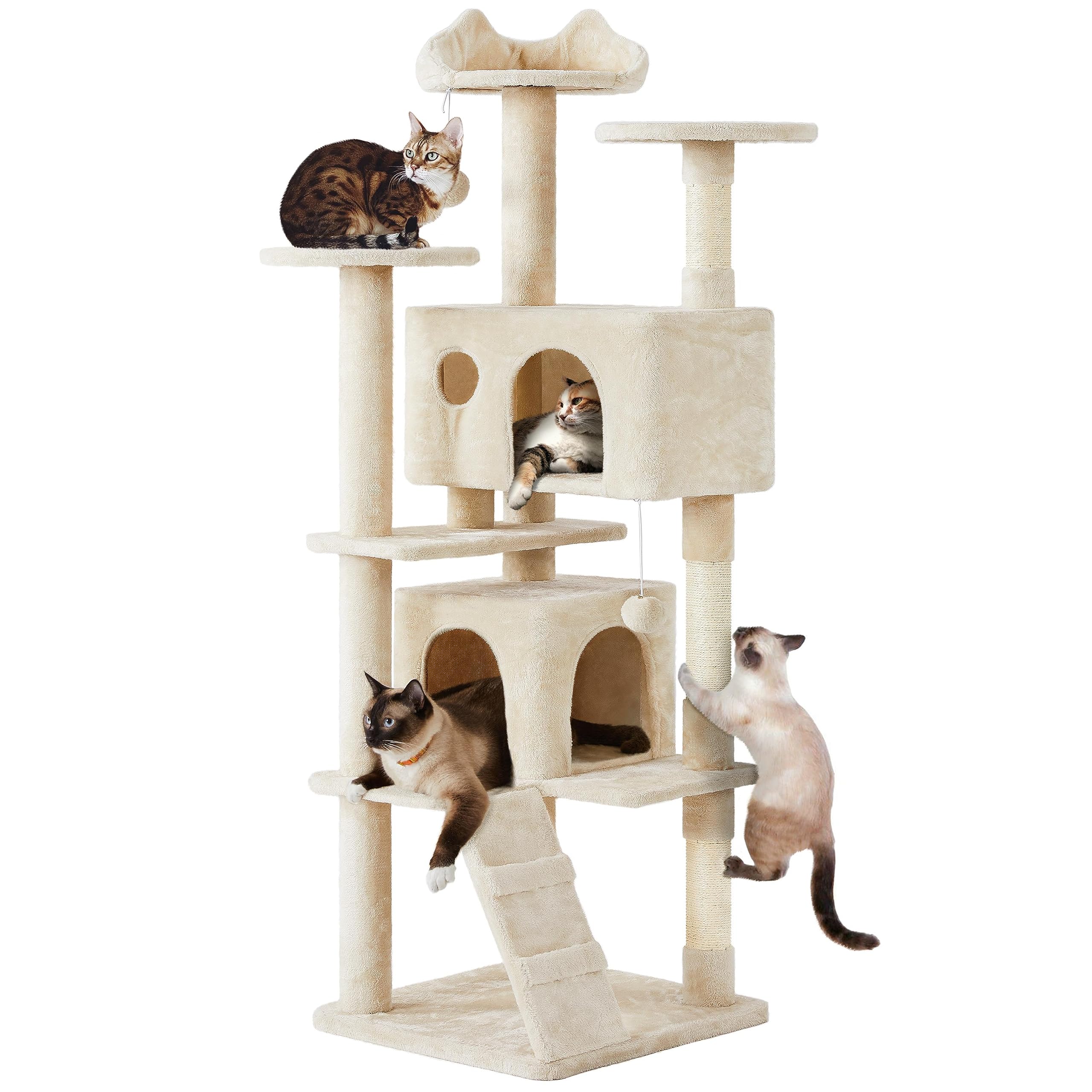 Yaheetech Kratzbaum Groß, 139 cm hoch, Mehrstöckiger Katzenbaum Kletterturm mit 3 Kratzsäulen, 3 Plattformen, 2 Gemütlichen Höhlen, 2 Plüschbällen, Stabiler Aktivitätsbereich für Katzen, Dunkelgrau