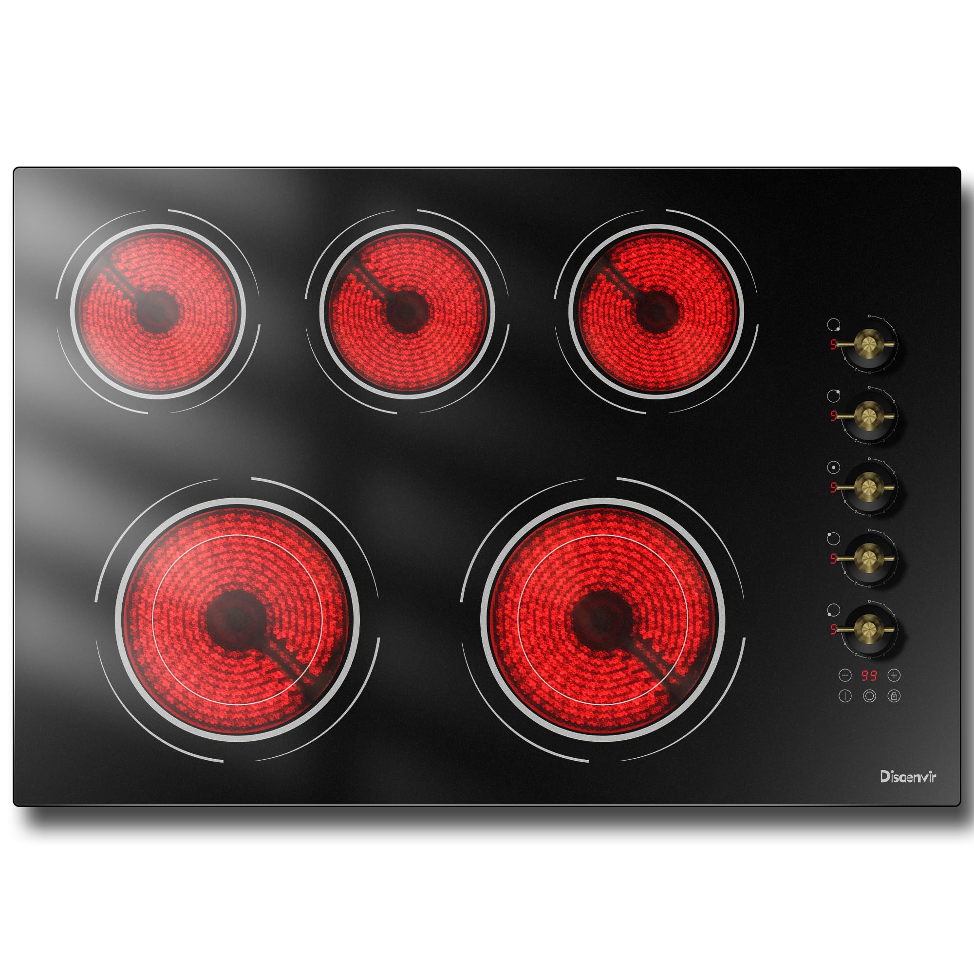 Disaenvir 29.13 Inch (Cut-out Size: 29.13"x19.3") Electric Cooktop - 30 Inch 9000W Powerful 5 Burner Electric Stovetop, Built-in Ceramic Stove 30“, Timer, Safety Lock, Pause, 240V Hard Wired (No Plug)