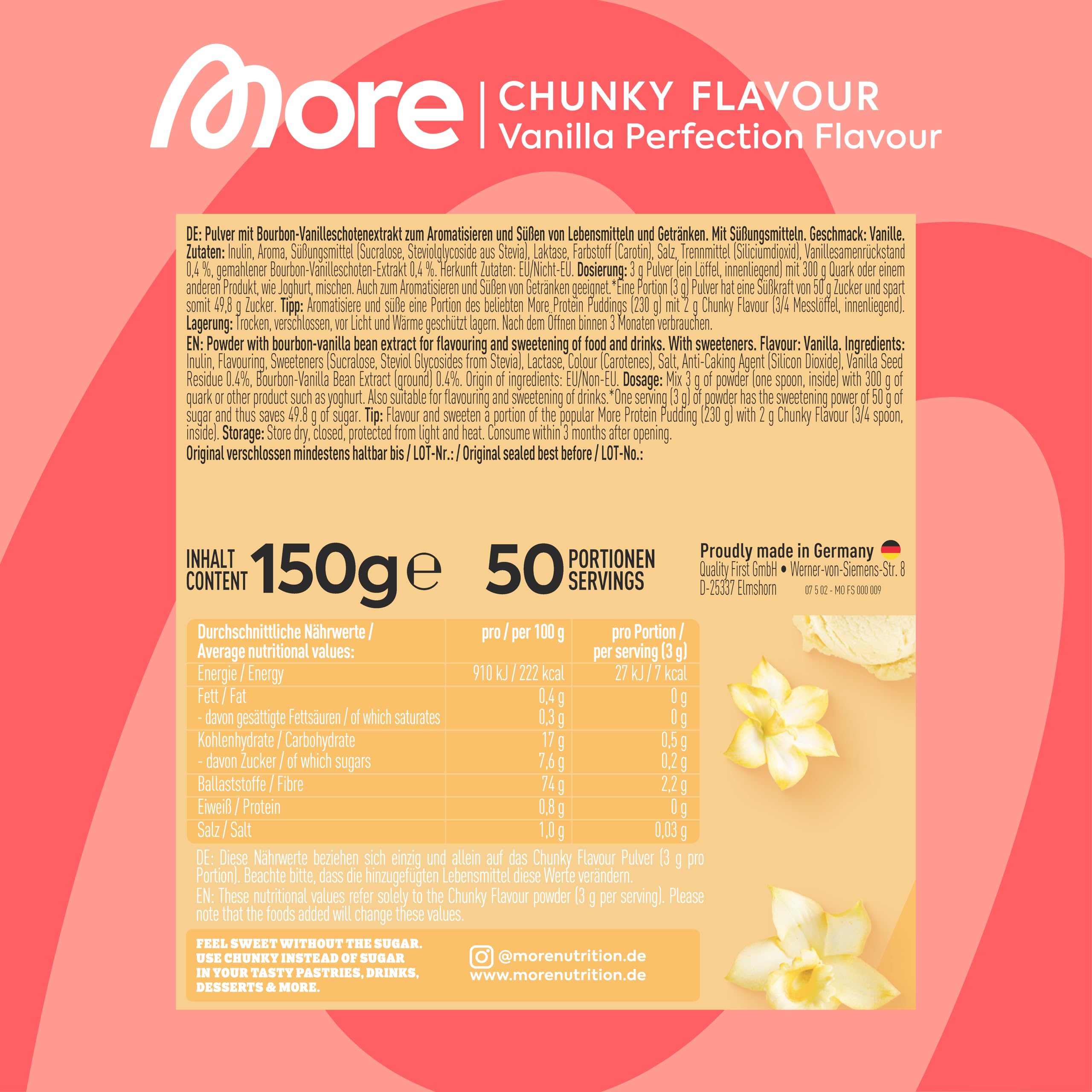 MORE Chunky Flavour, Vanilla Perfection, 150 g, vegan, Geschmackspulver zum Süßen, ohne viel Zucker und Kalorien, mit Inulin und Laktase - made in Germany