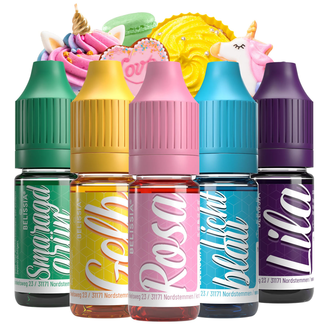 Belissia Lebensmittelfarbe Set – 8x10ml flüssig & hochkonzentriert – Lebensmittelechte Speisefarbe zum Backen, Kochen, Fondant & DIY - vegan, stark färbend, geschmacksneutral