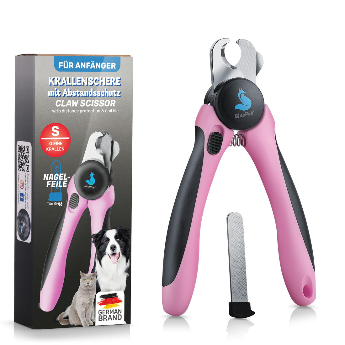 BluePet Krallenschere mit Schutz für Hunde & Katzen I Einsteigerfreundlich I Krallenzange für kleine & große Krallen + Krallenfeile im Griff - Alternative zu Nagelschere & Krallenschleifer