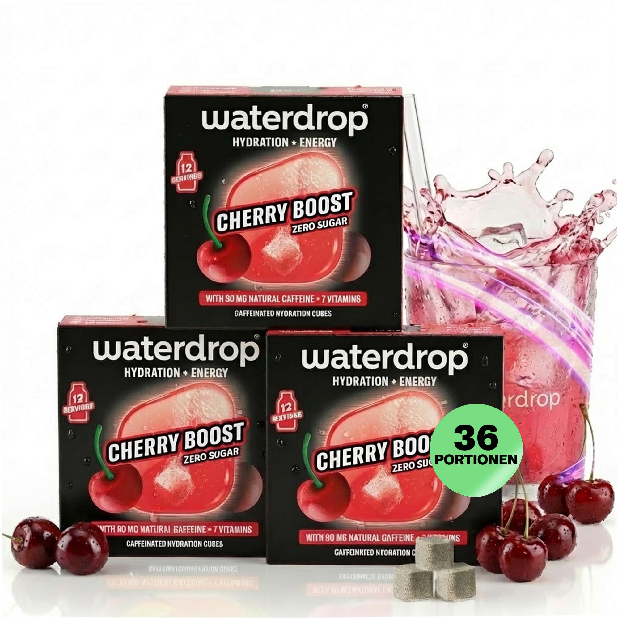 waterdrop® Microenergy Set, Energy Drink Pulver, 36 Würfel Getränkepulver, Mango, Kirsche & Brombeere Geschmack, Zuckerfrei & Kalorienarm, Mit 90 mg Natürlichem Koffein, Vitamin C & B – Flavour Drops