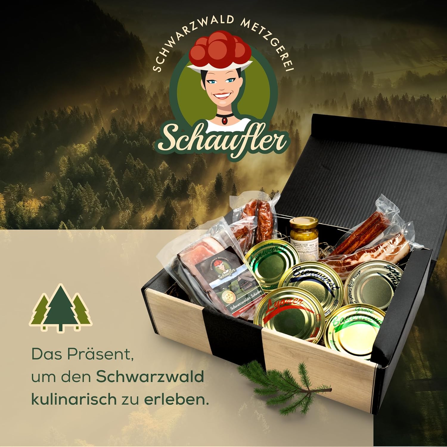 Schwarzwald Metzgerei - Geschenkset "Dosenwurst und mehr" mit verschiedenen Wurtsspezialitäten, Altbadischem Senf, Schinken und Speck - 10-teilig