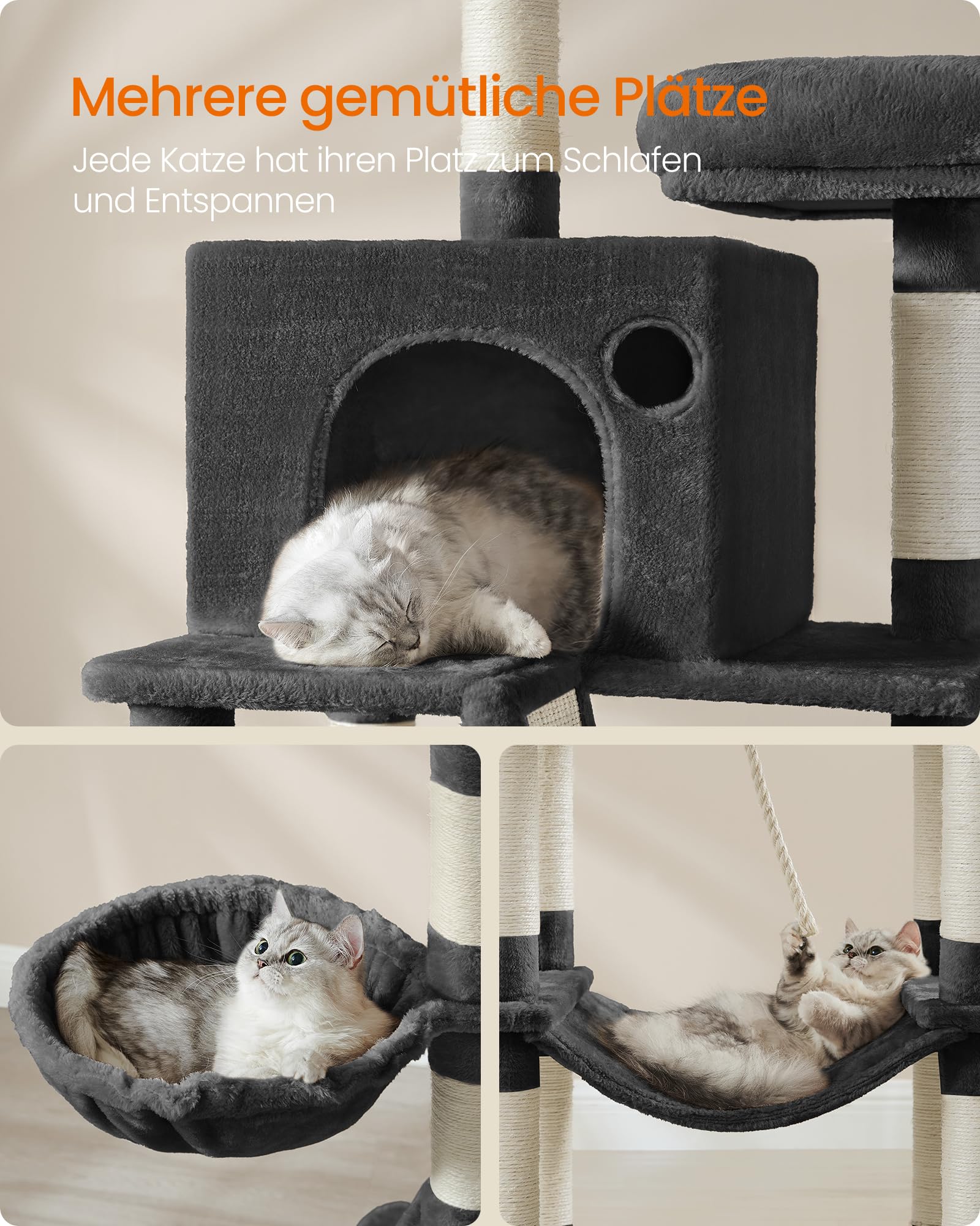 Feandrea Kratzbaum groß, 203,5 cm hoch, XXL Katzenbaum, mit 13 Kratzsäulen, 2 Plattformen, 2 Höhlen, Korb, Hängematte, Plüschbälle, mehrstöckiger Katzenkratzbaum, rauchgrau PCT190G01