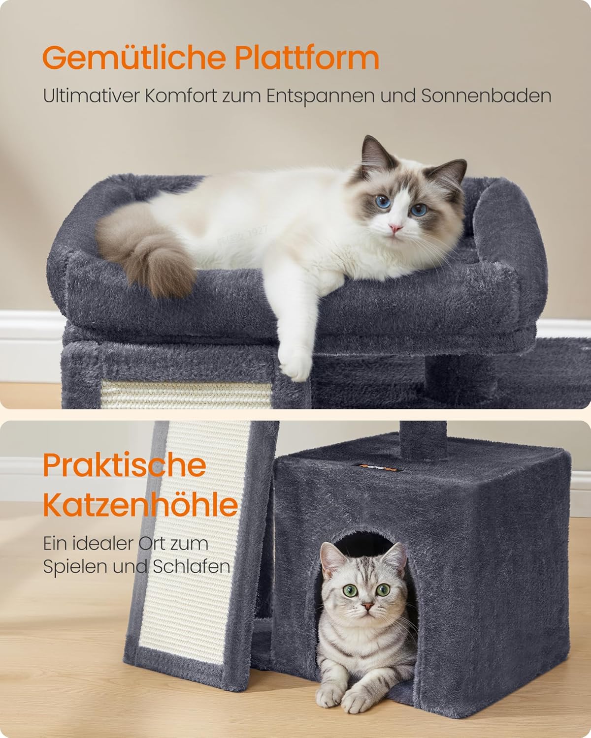 Feandrea Kratzbaum, Katzenbaum mit Kratzsäulen, Rampe, Katzenkratzbaum, 2 große Plattformen, Höhle und Korb, 85,8 cm hoch, Taubengrau PCT013GD01