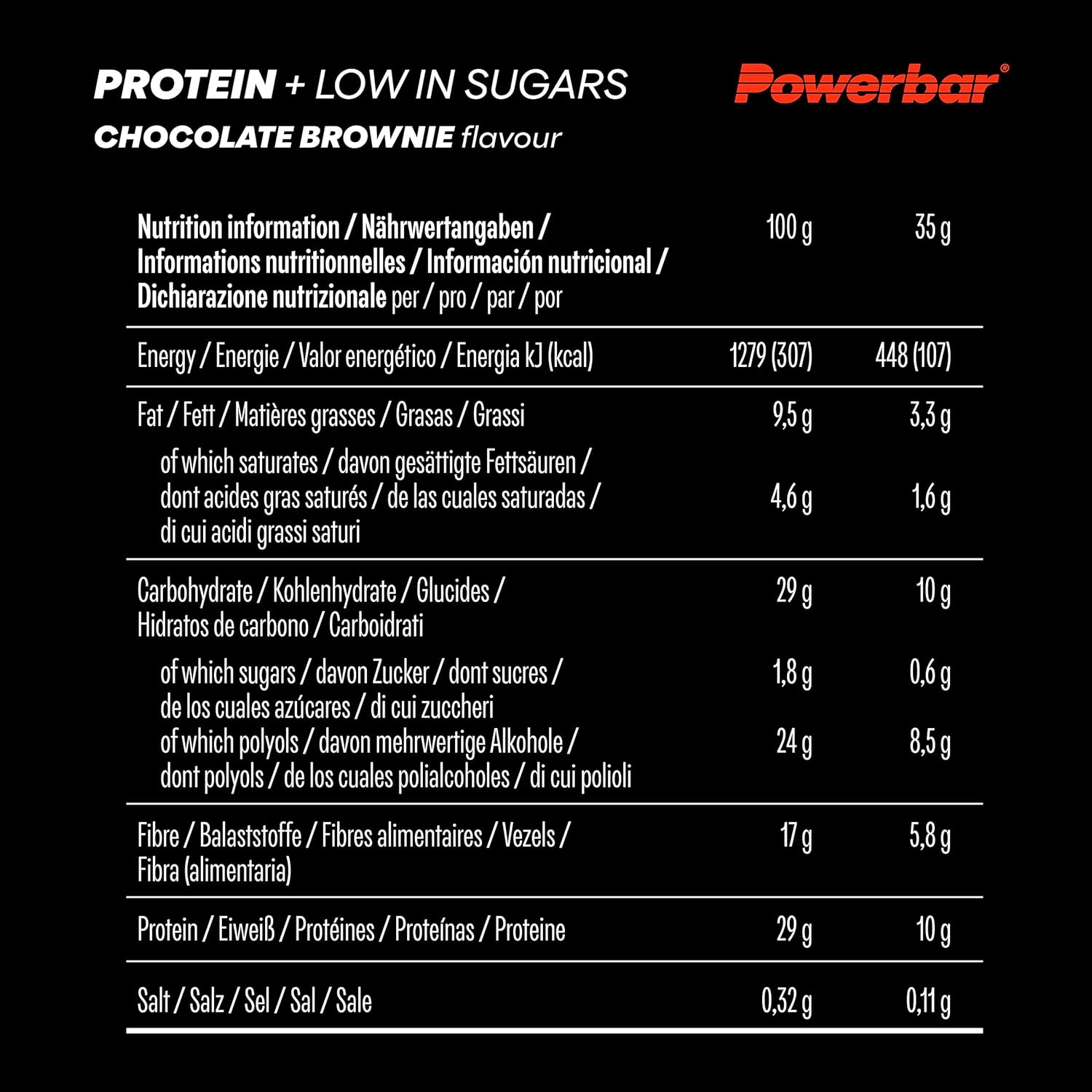 Powerbar - Protein Plus - Low Sugar - Chocolate-Brownie - 30x35g - Riegel mit nur 107 Kcal - Fitnessriegel mit Ballaststoffen
