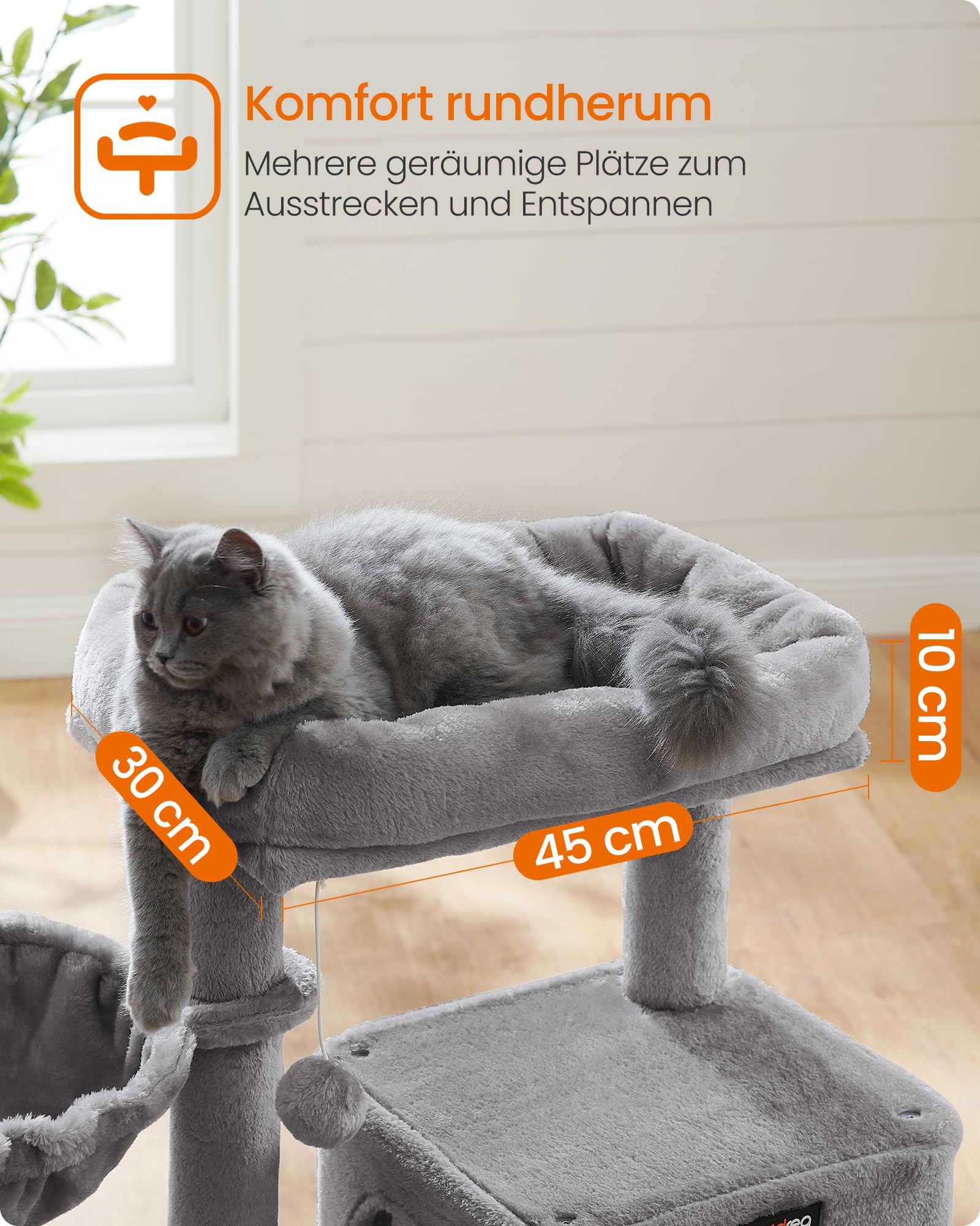 Feandrea Kratzbaum, 96 cm hoch, Katzenbaum mit großer Plattform, Katzenkratzbaum mit Katzenhöhle, Hängematte, Kratzrampe, Plüschball, weicher Plüsch, hellgrau PCT51W