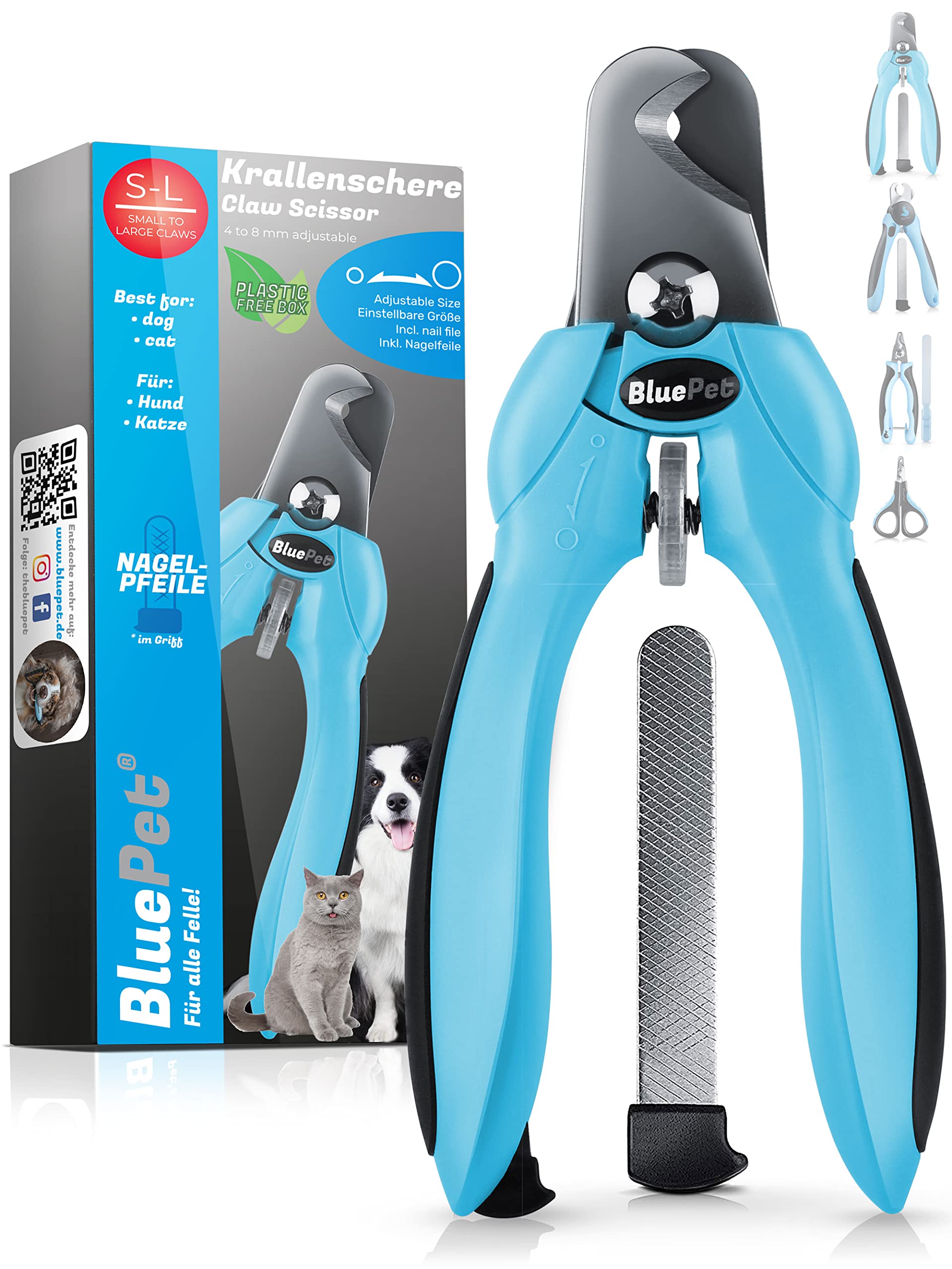 BluePet Krallenschere mit Schutz für Hunde & Katzen I Einsteigerfreundlich I Krallenzange für kleine & große Krallen + Krallenfeile im Griff - Alternative zu Nagelschere & Krallenschleifer
