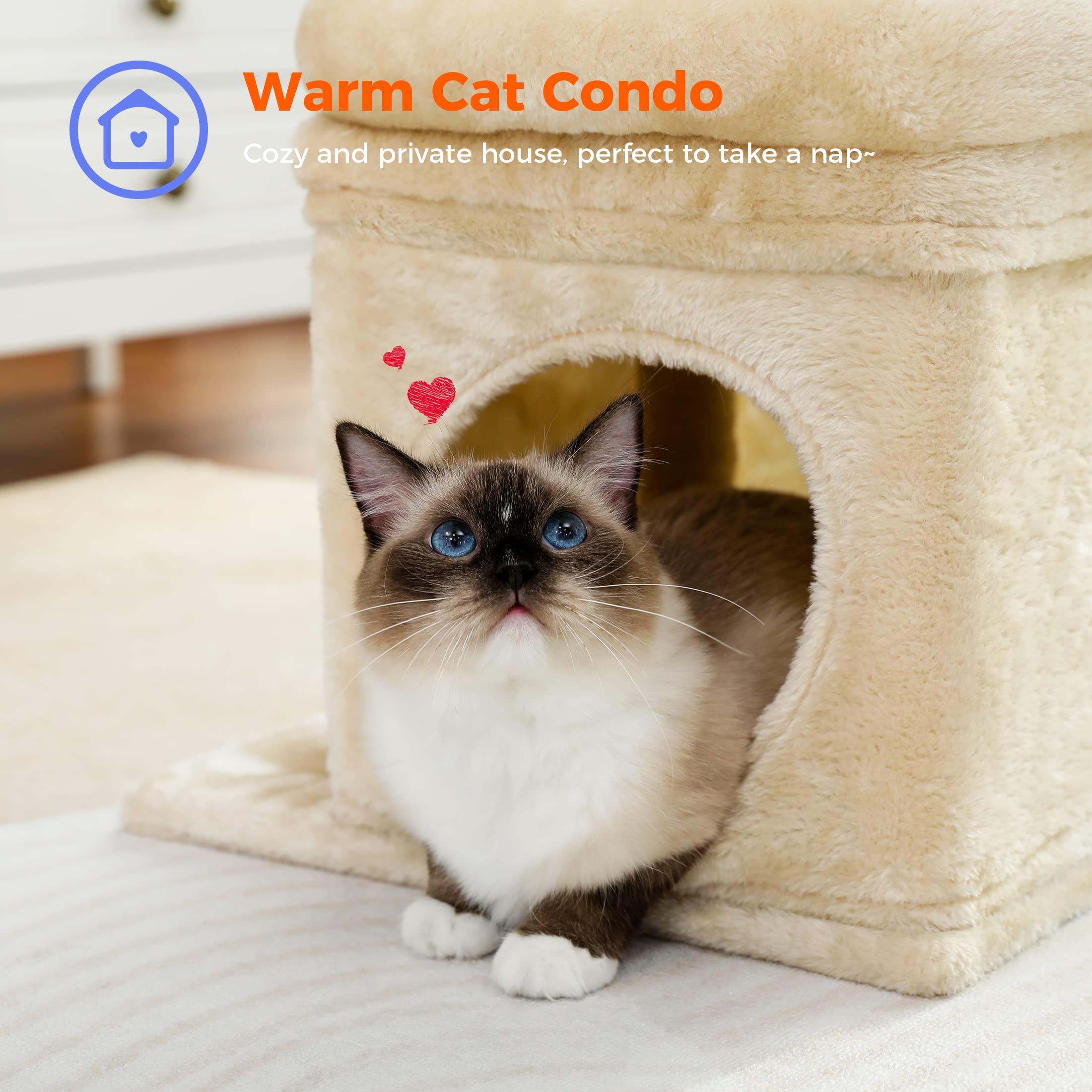 PAWZ Road Kleiner Katzenbaum, mehrstöckiger Katzenturm mit Sisal-überzogenem Kratzbaum, gemütlicher Katzenwohnung und großer Katzensitzstange für Hauskatzen, Beige
