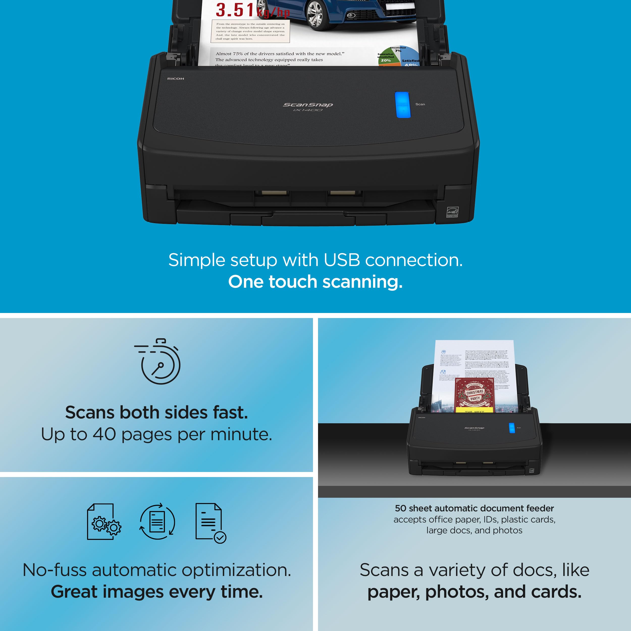 ScanSnap iX2400 High-Speed Simple One-Touch Button Color Document, Photo & Receipt Scanner with 100 Page Auto Document Feeder for Mac or PC, Black