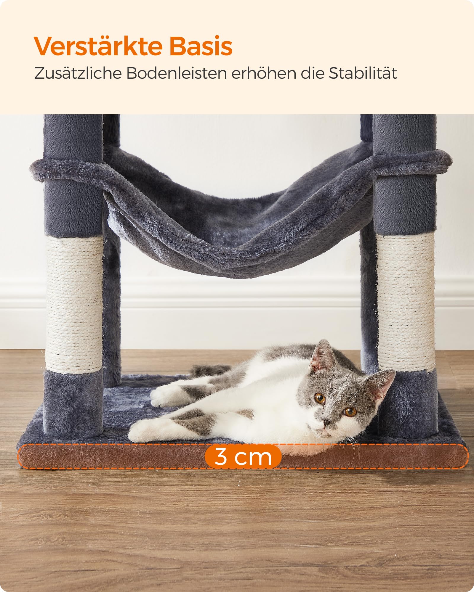 Feandrea Kratzbaum, 143 cm hoch, Katzenbaum, mehrstöckiges Katzenhaus, mit 4 Kratzsäulen, 2 Plattformen, Hängematte, Höhle, hellgrau PCT161W01