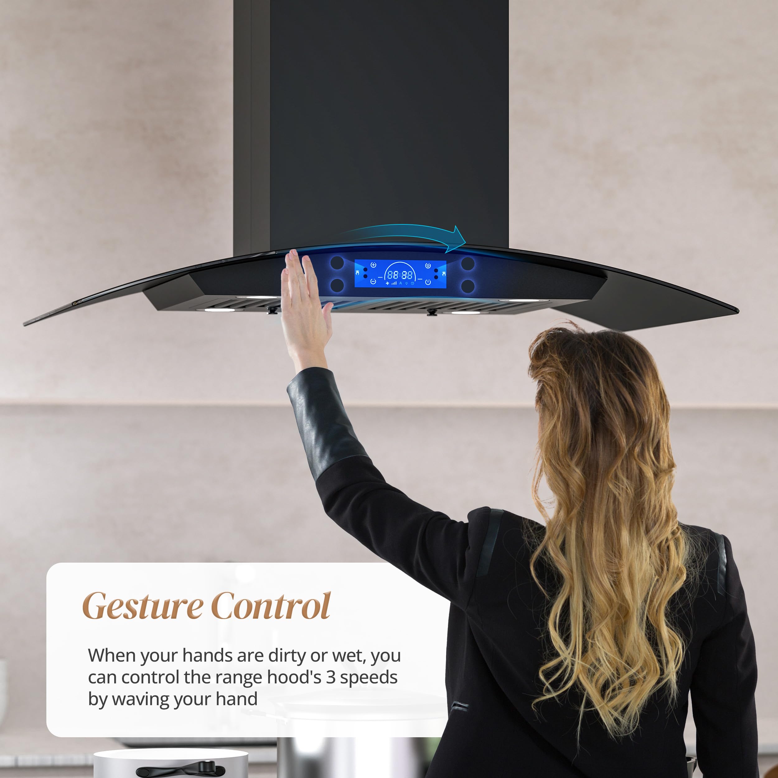 FIREGAS Island Range Hood 30 inch 700 CFM with Chimney, Ceiling Mount Kitchen Vent Hood with Tempered Glass, 4 LED Lights, Permanent Filters, Premium Touch Control Panel, Includes Charcoal Filter