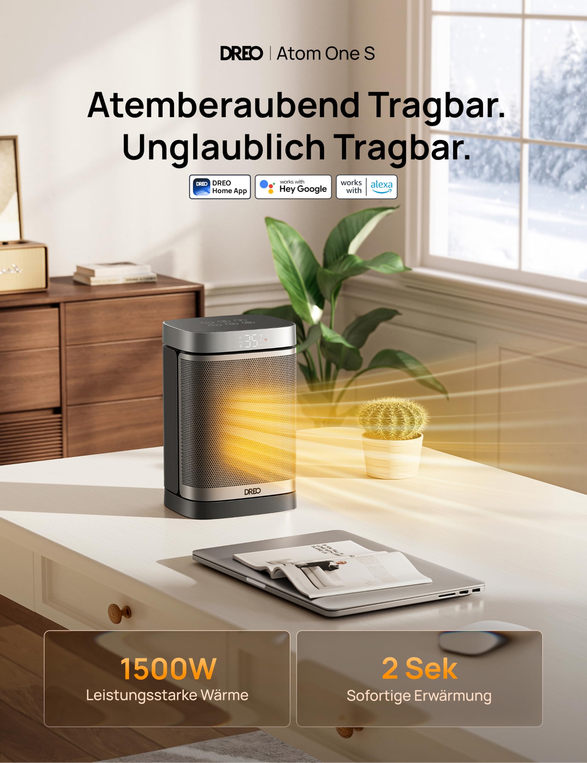 Dreo Heizlüfter Energiesparend Klein, 1500W Heizung Elektrisch mit Thermostat, 70° Oszillierend Elektroheizung, PTC Keramik Heizlüfter Leise, ECO-Modus, 12-Std-Timer, Überhitzungs- & Kippschutz