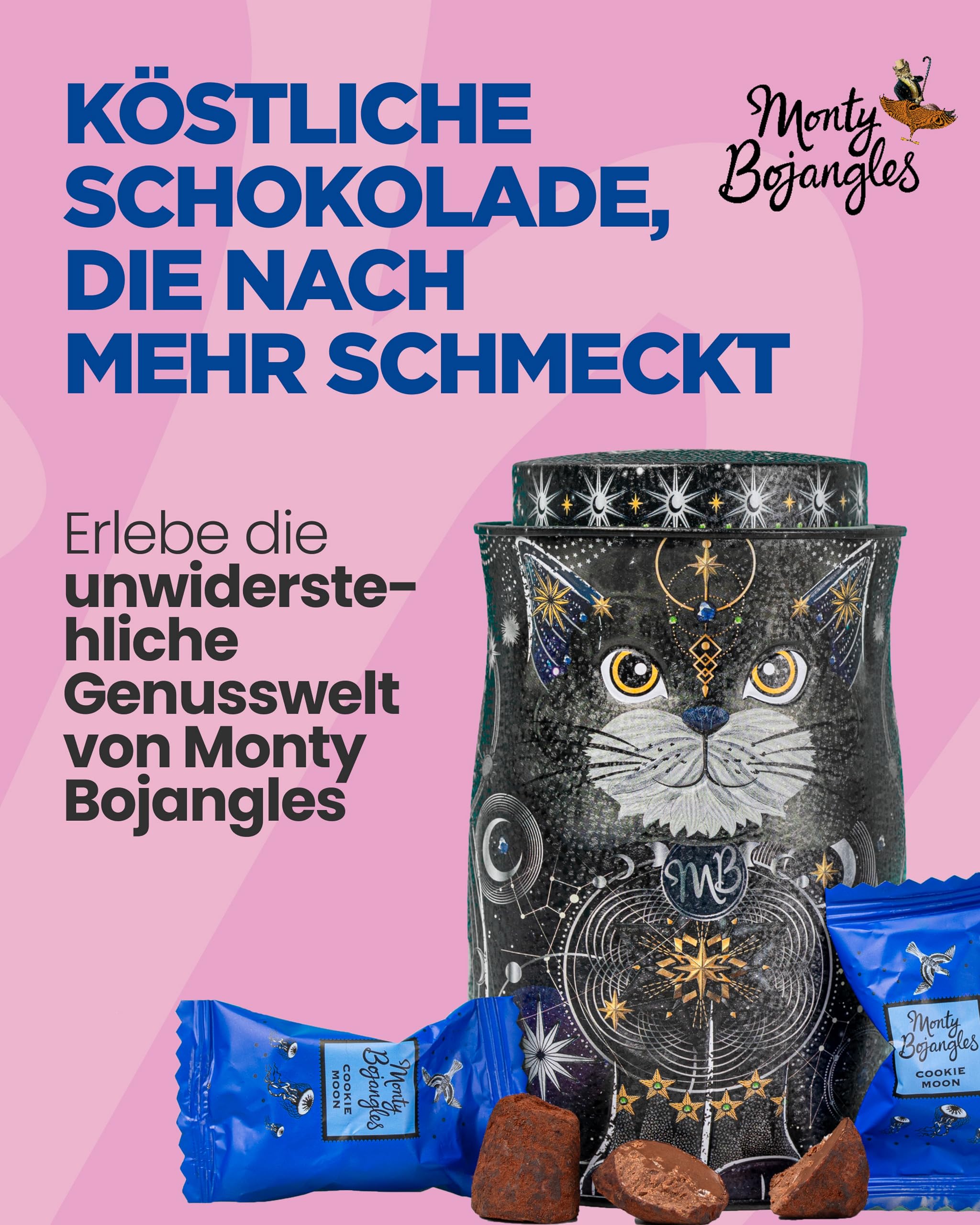 Monty Bojangles Kit-Tins Schokoladentrüffel (4 x 36g) Truffle Pralinen mit Kakao bestäubt Pralinen, Schokolade Sammlerdose mit Katzen-Design, Geschenkset mit vier Geschmacksrichtungen