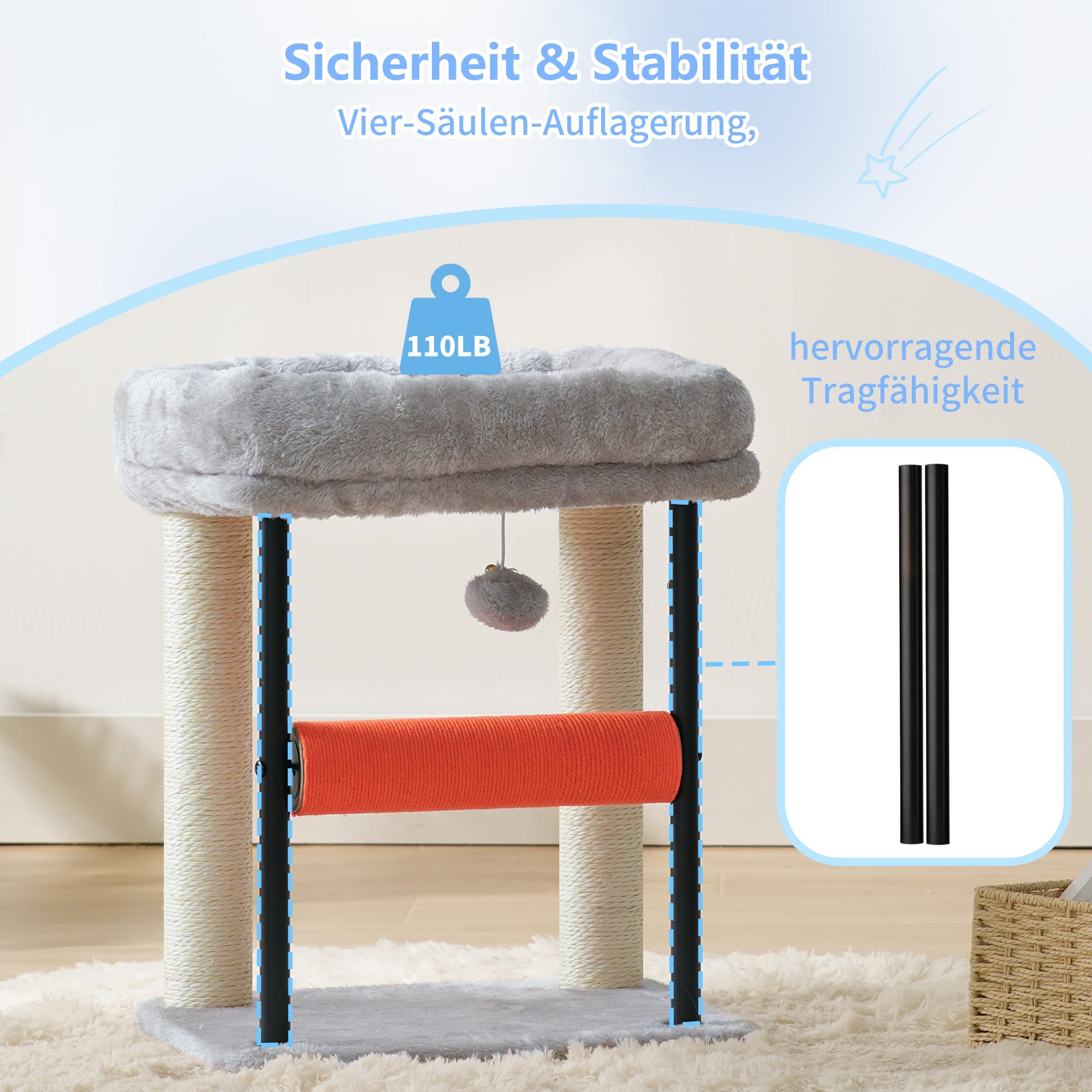 Hey-brother Kratzbaum, 50 cm klein Katzenbaum für Kätzchen, Kratzpfosten mit drehbarer Sisalsäule, geräumiger Plüschplattform, Vollständig sisalumwickelte Säule und Spielbällen, Hellgrau EMPJ010SW