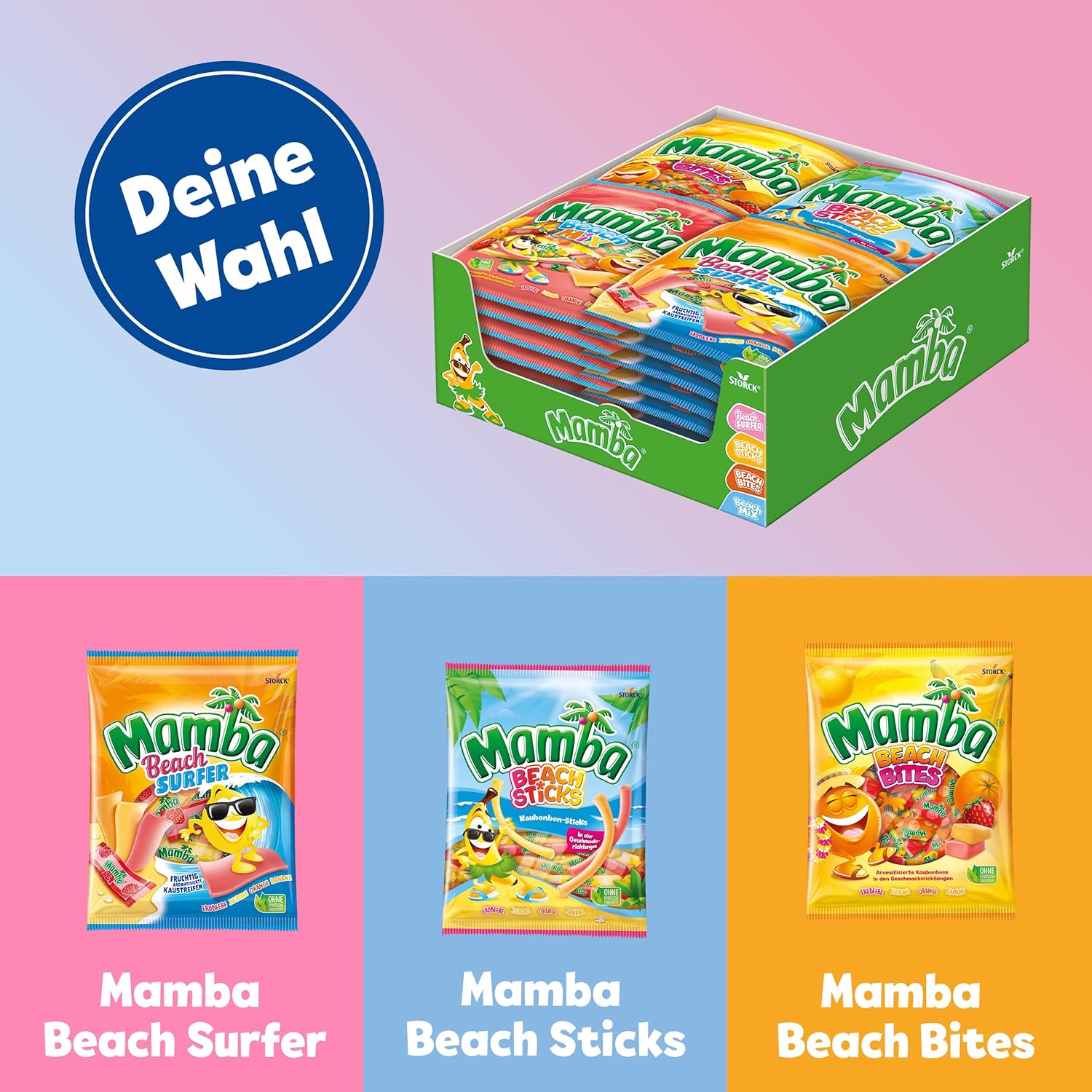 Mamba Beach Mix – 1 x 160g – Fruchtige Kaubonbons mit Mamba Beach Surfer, Mamba Beach Sticks & Mamba Beach Bites – Fruchtgummi Mix einzeln verpackt