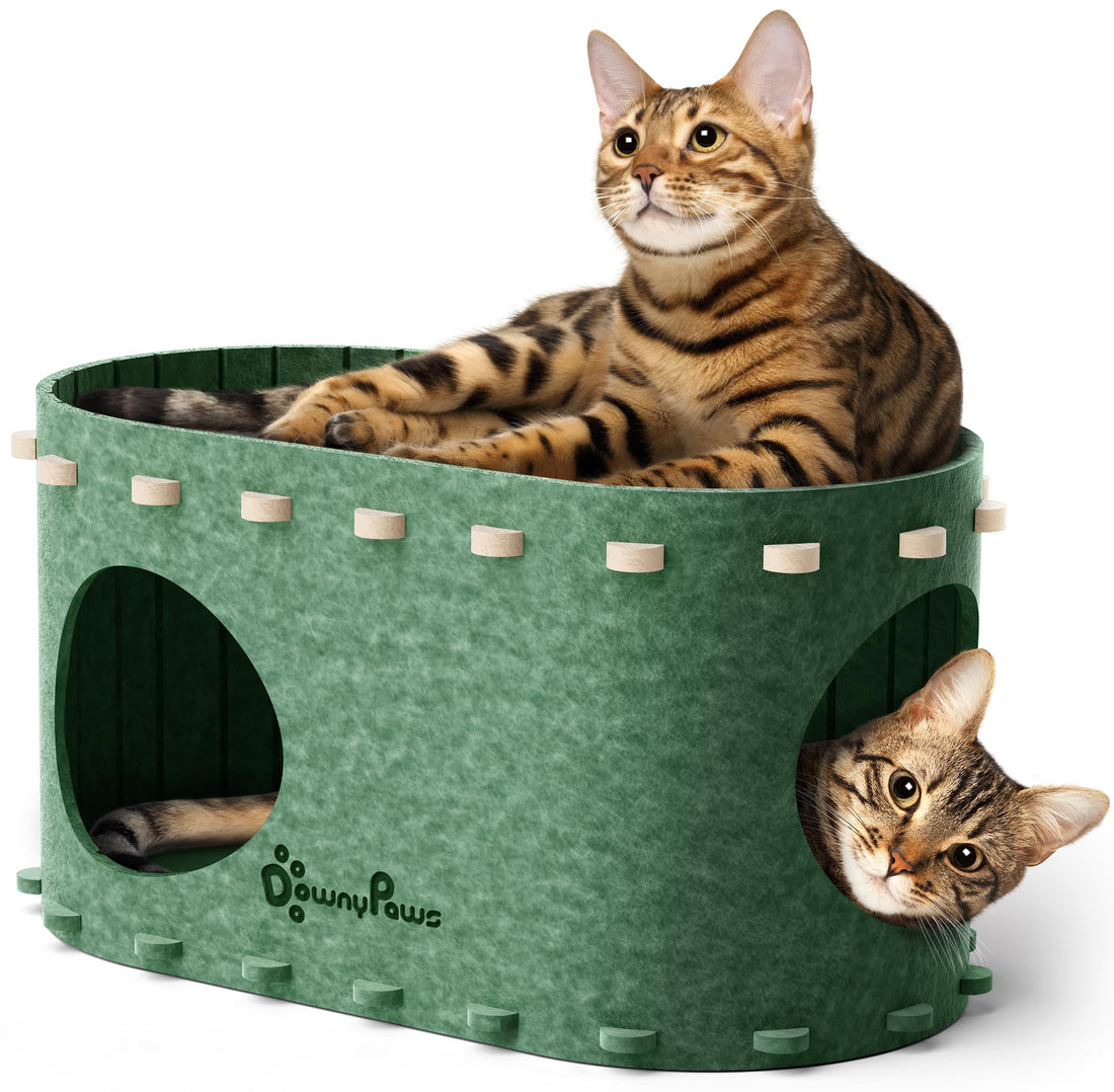 Katzenhöhle Filz, Katzenhaus aus Filz, Katzenbett, Katzenhöhle für Katzen, 58 x 33 x 30cm, Peek-a-Boo zum Spielen, Winterfest, Schutz der Katzennägel, Beige