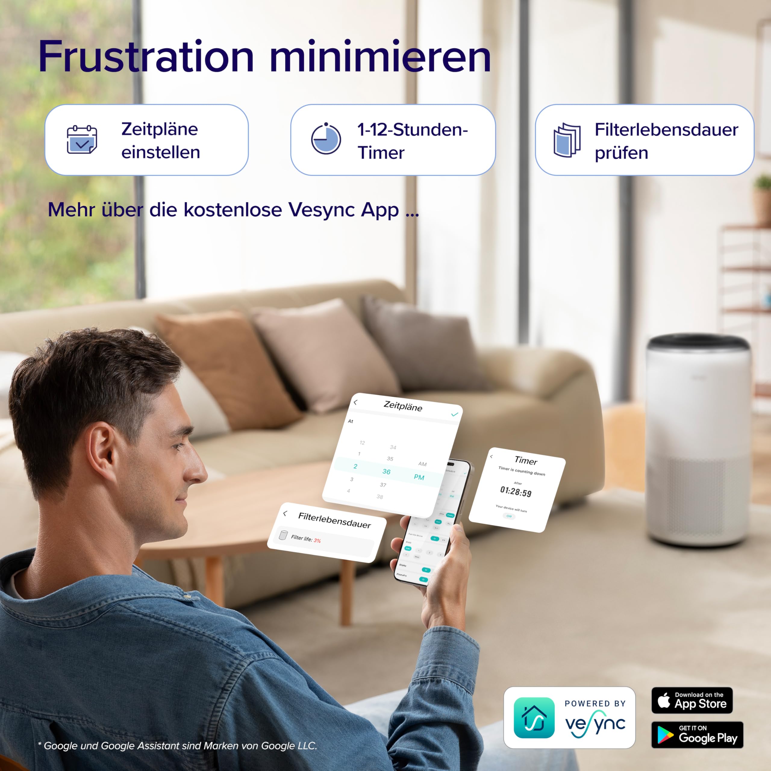 Levoit Luftreiniger mit HEPA Luftfilter gegen 99,97 Prozent Schimmel Staub Pollen Tierhaare, Luftqualitäts-Feedback und Auto-Modus, CADR 240m³/h für Raucherzimmer, bis zu 50m², Weiß