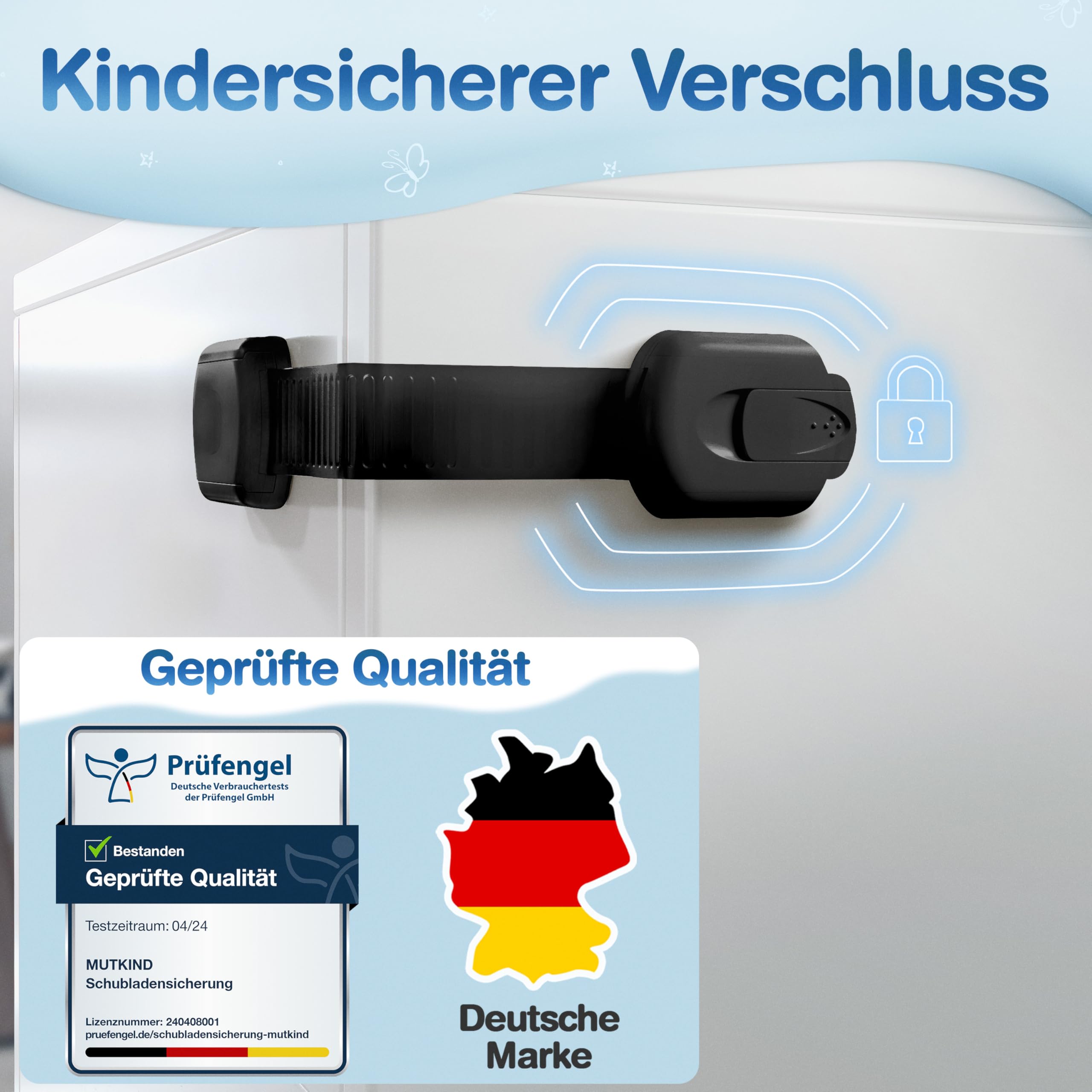 MUTKIND 10 Stück Kindersicherung Schrank - (Mit Kleber von TESA) Schranksicherung Baby - Längenverstellbar - Schubladensicherung Baby für Schränke, Kühlschrank, Tür - Kindersicherung Schubladen Weiß