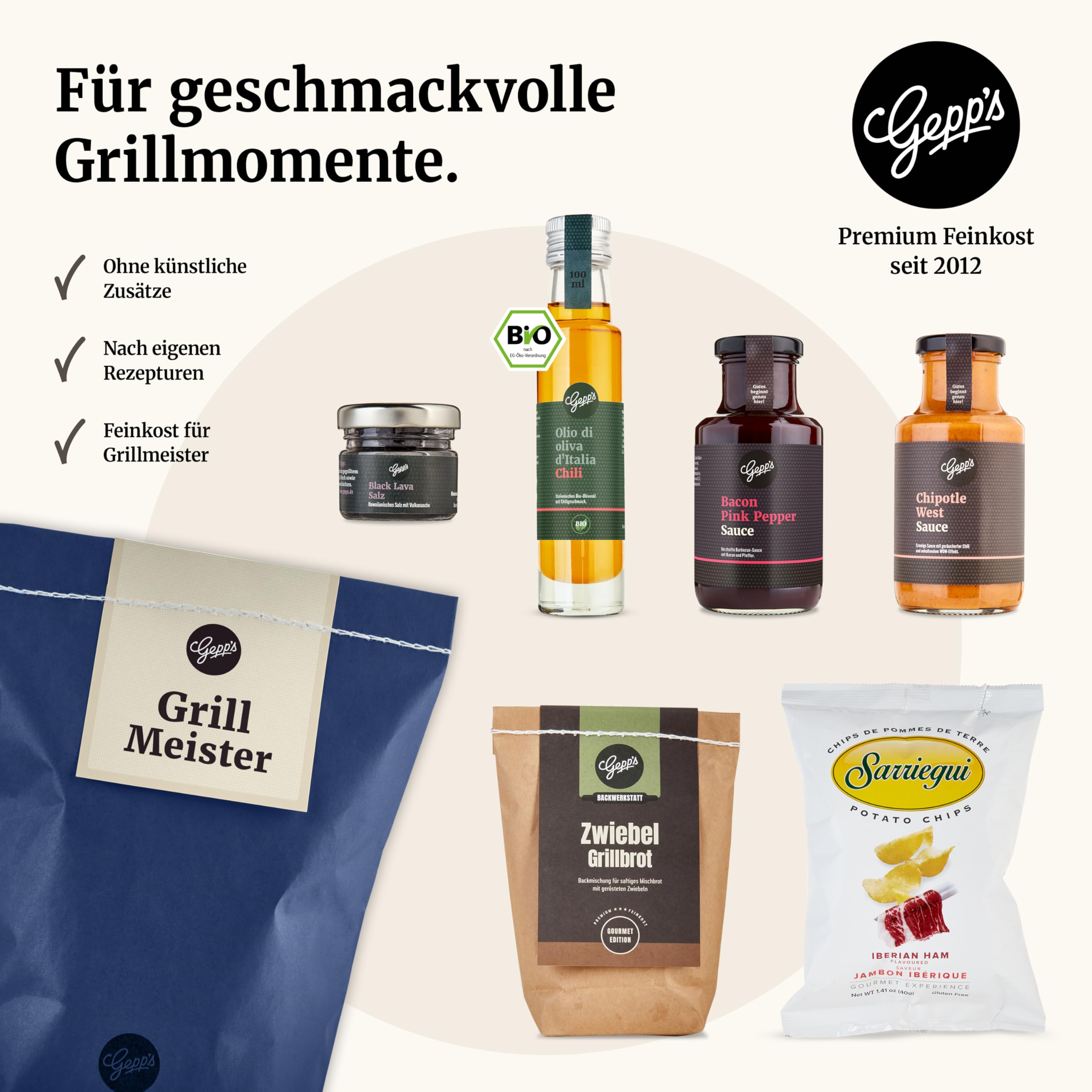 Gepp’s Feinkost Herrenhandtasche I Lustiges Männergeschenk gefüllt mit Delikatessen wie Knoblauch-Chili-Sauce, Edelkräuter-Olivenöl, Texas BBQ Rub I Geschenkidee für Männer