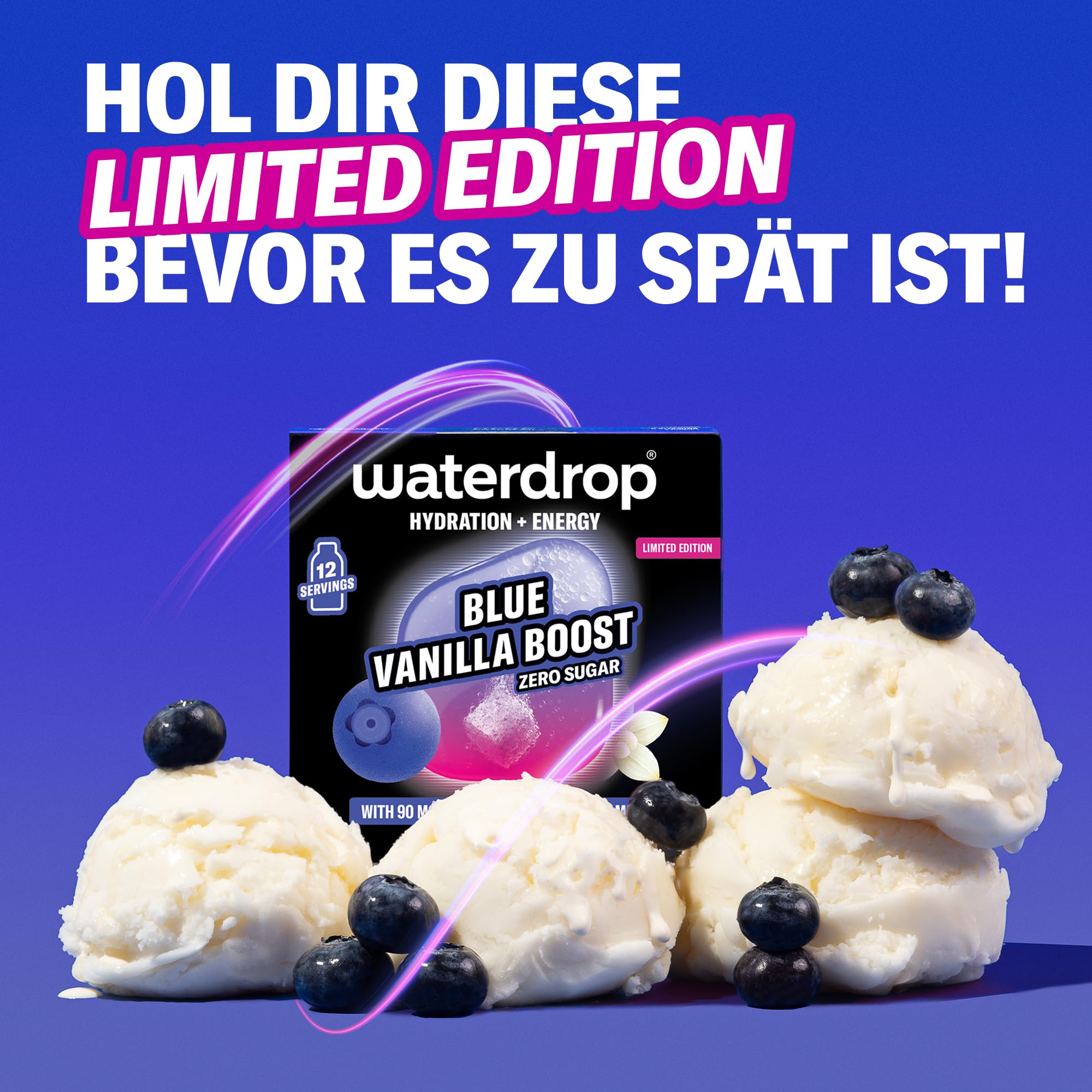 waterdrop® Microenergy Set, Energy Drink Pulver, 36 Würfel Getränkepulver, Mango, Kirsche & Brombeere Geschmack, Zuckerfrei & Kalorienarm, Mit 90 mg Natürlichem Koffein, Vitamin C & B – Flavour Drops