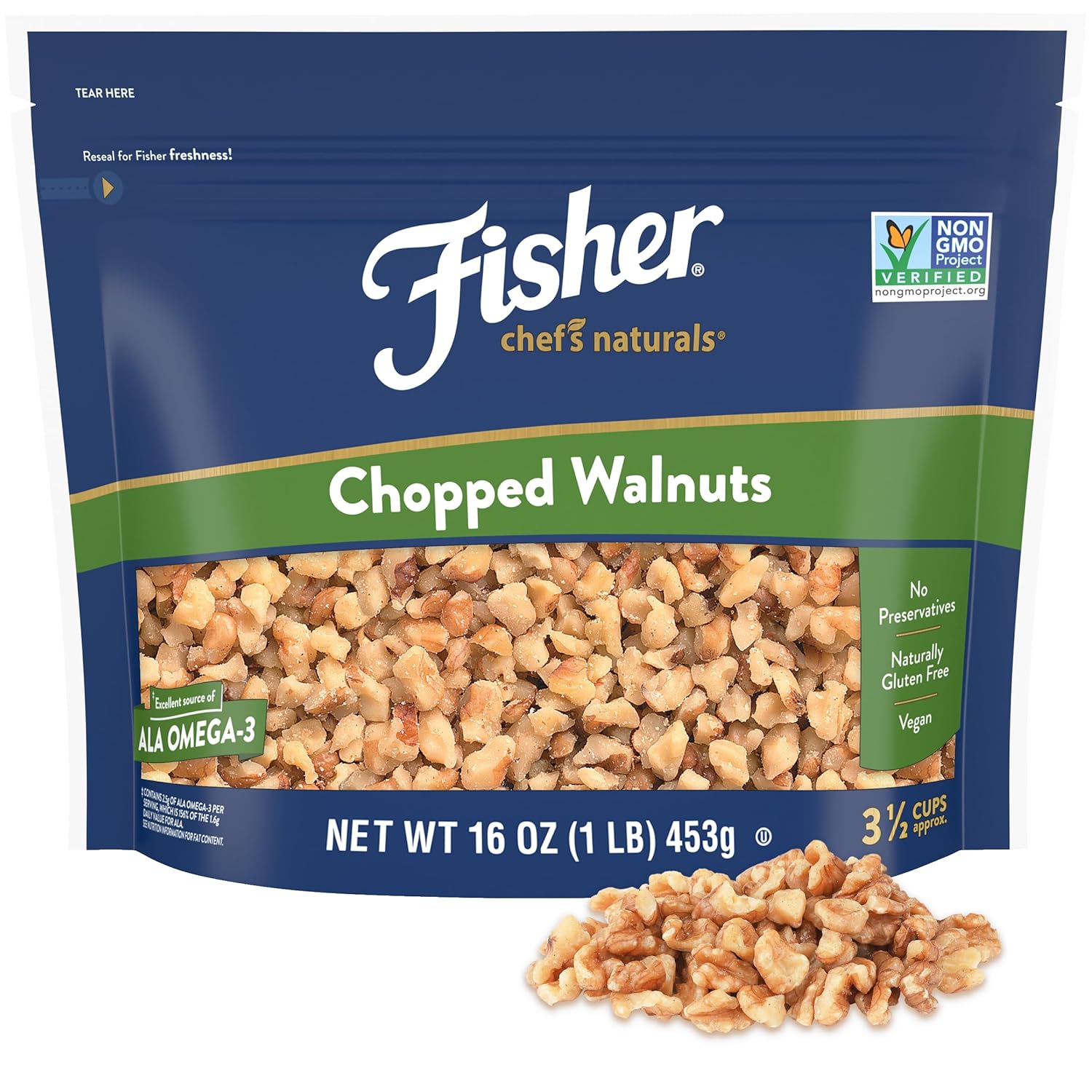 Fisher Chef's Naturals Walnut Halves & Pieces 2 lb, 100% California Unsalted Walnuts for Baking & Cooking, Healthy Snacks for Adults, Resealable Bag, Vegan Protein, Keto Snack, Chopped Nuts, Topping