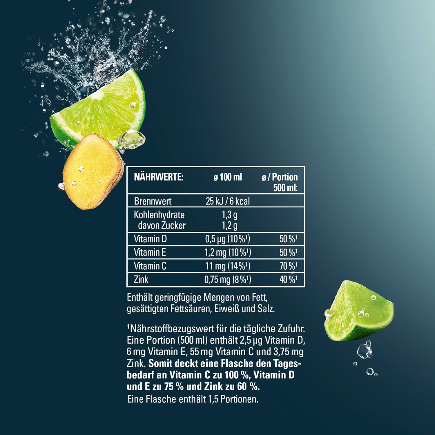 hohes C Vitamin Water Protect Limette & Ingwer (6 x 750ml), für dein Immunsystem: Vitamin C, D, E + Zink, gegen oxidativen Stress, nur 6kcal/100ml, ohne Zuckerzusatz & Süßungsmittel, vegan