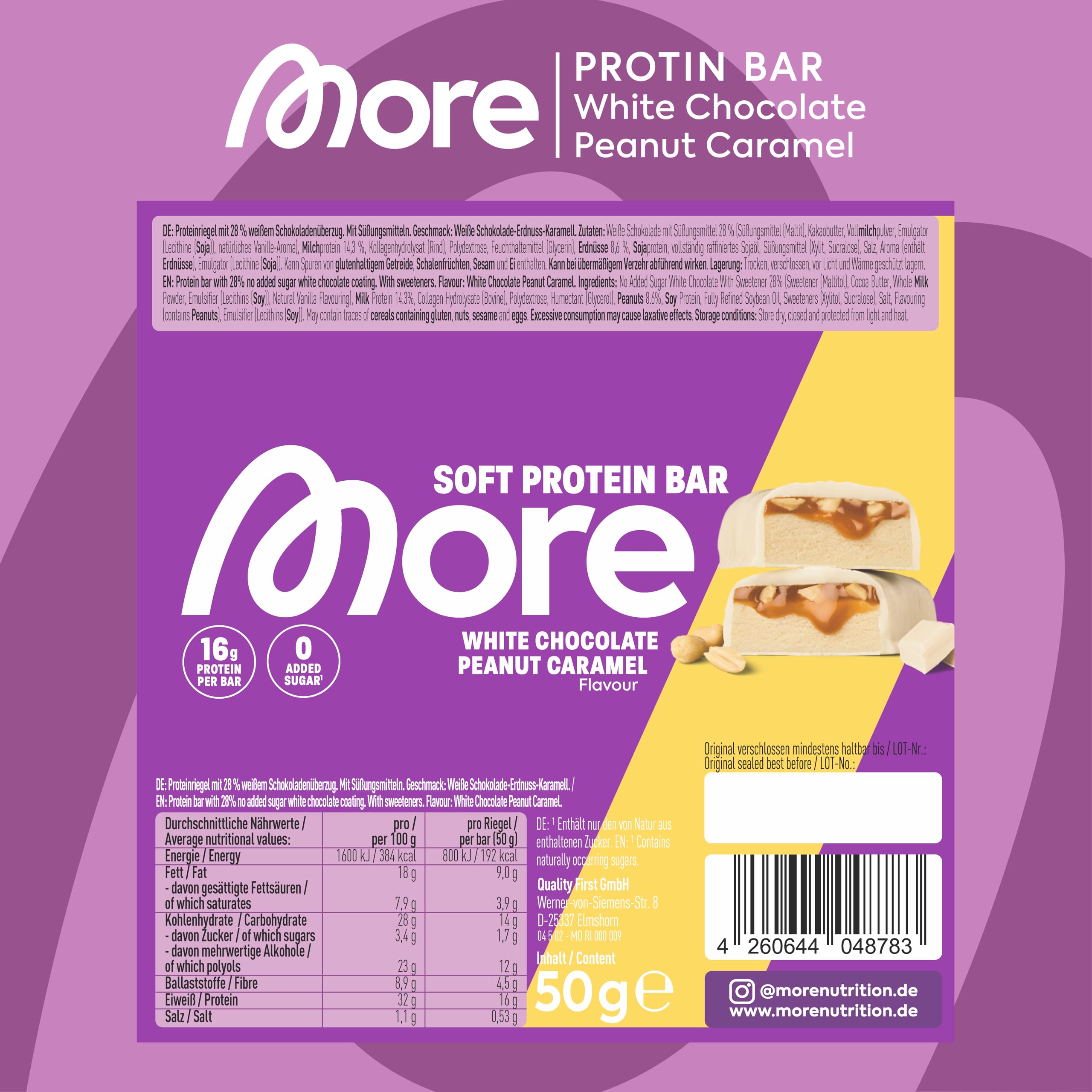 MORE Protein Bar, 10er Box, White Chocolate Peanut Caramel, Protein Riegel ohne Zuckerzusatz (Design kann variieren)