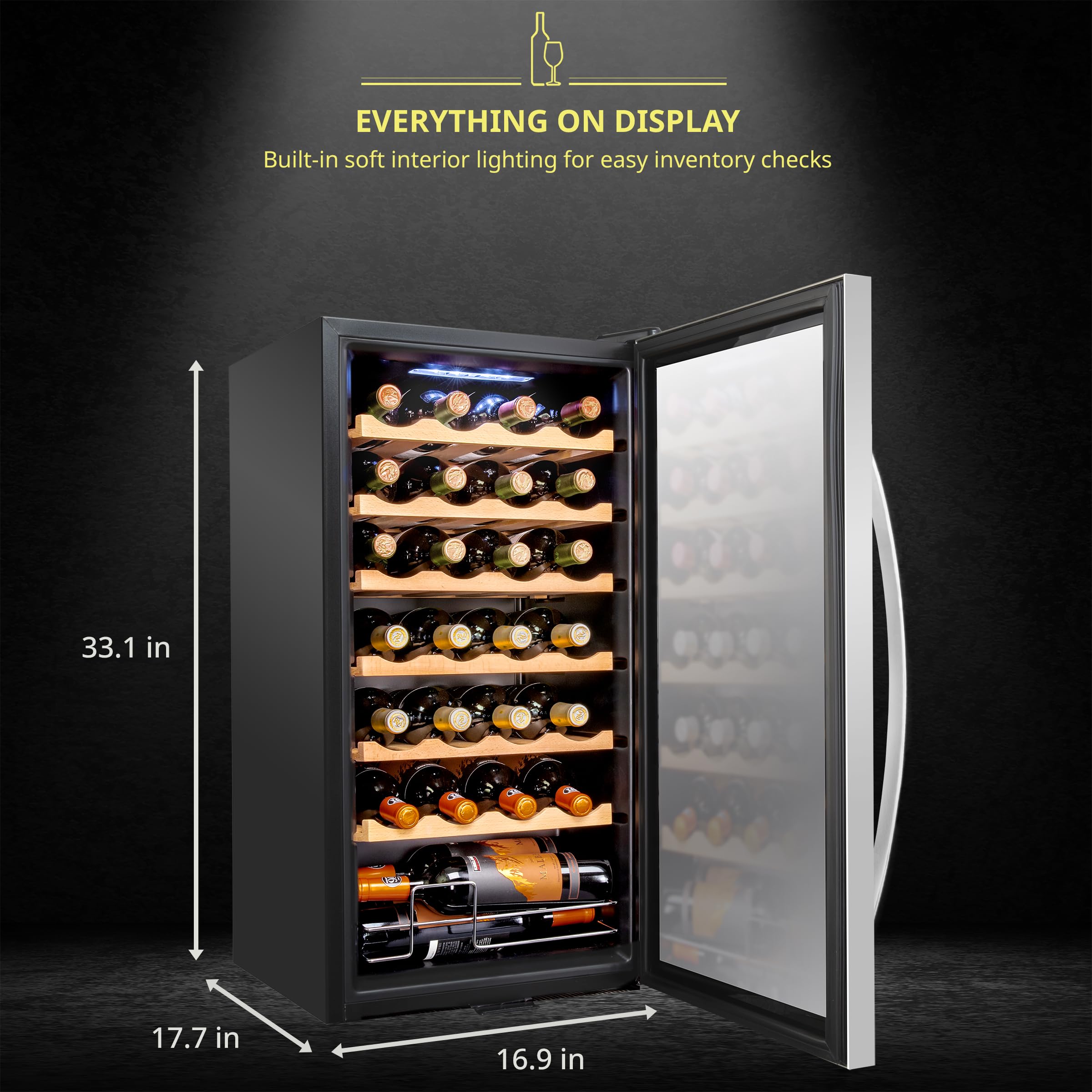 SCHMECKE 28 Bottle Compressor Wine Cooler Refrigerator w/Lock - Large Freestanding Wine Cellar - 41f-64f Digital Temperature Control Wine Fridge For Red, White, Champagne or Sparkling Wine - Black