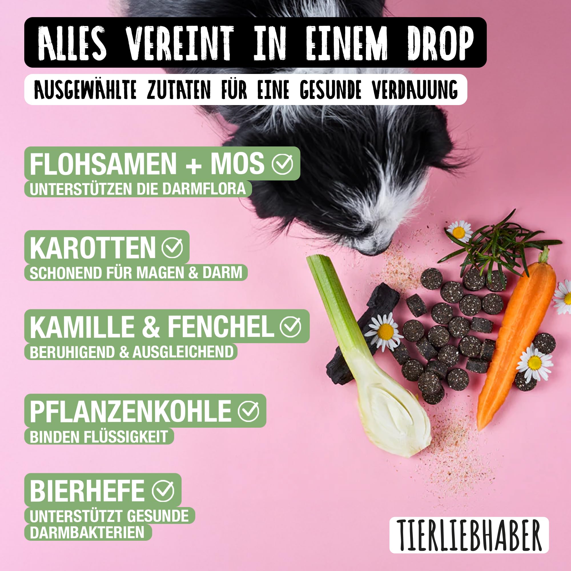 TIERLIEBHABER – Gras- & Kotfresser Drops bei Sodbrennen Hund mit Ulmenrinde für Hunde – Tierärztlich entwickelt – Hund Sodbrennen Drops angereichert mit Moor und Fenchel – 350 g mit ca. 160 Drops