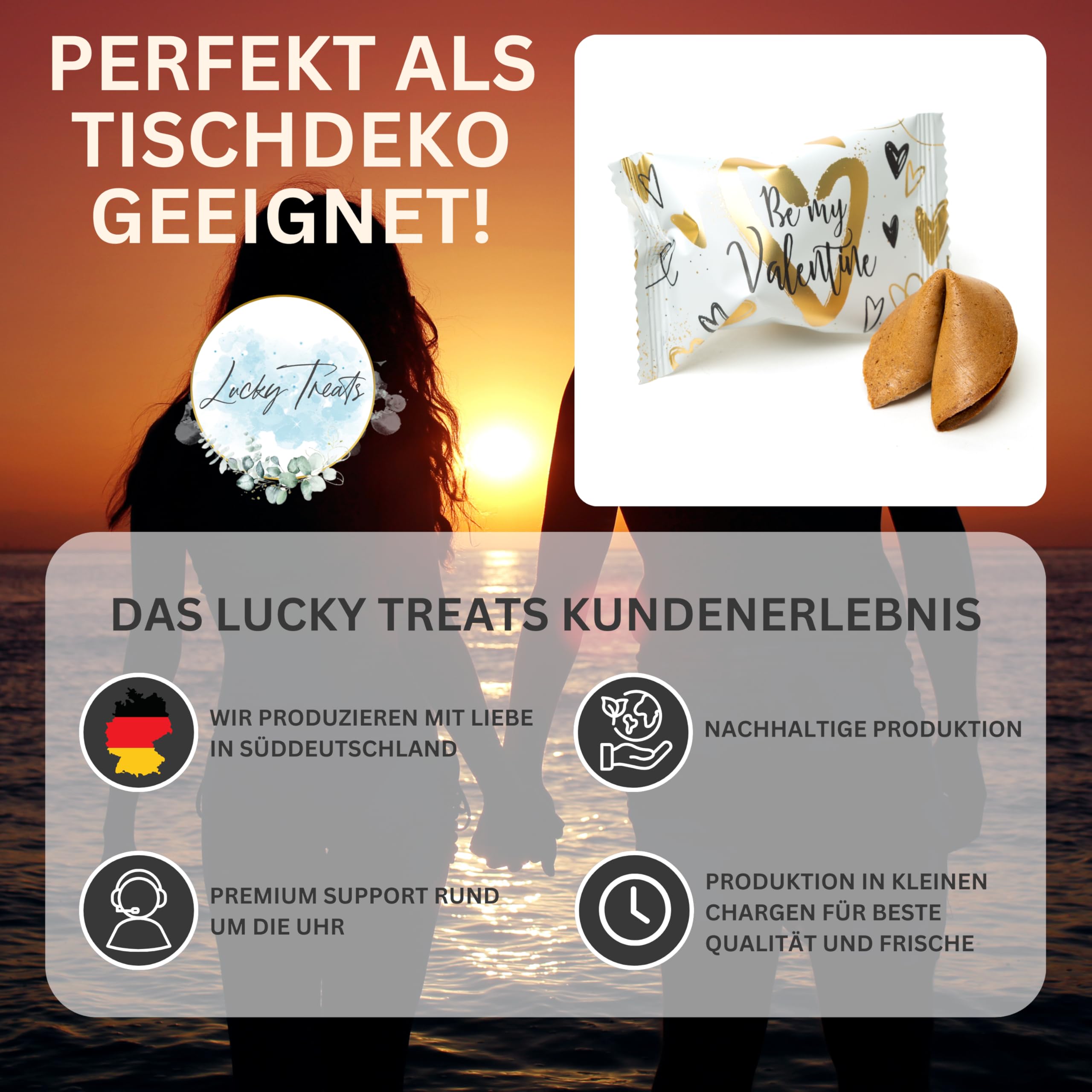 Lucky Treats Glückskekse - 25 Stück - Schön, dass du da bist - Gastgeschenke Hochzeit Deko - Sprüche auf Deutsch & Englisch - regional hergestellt