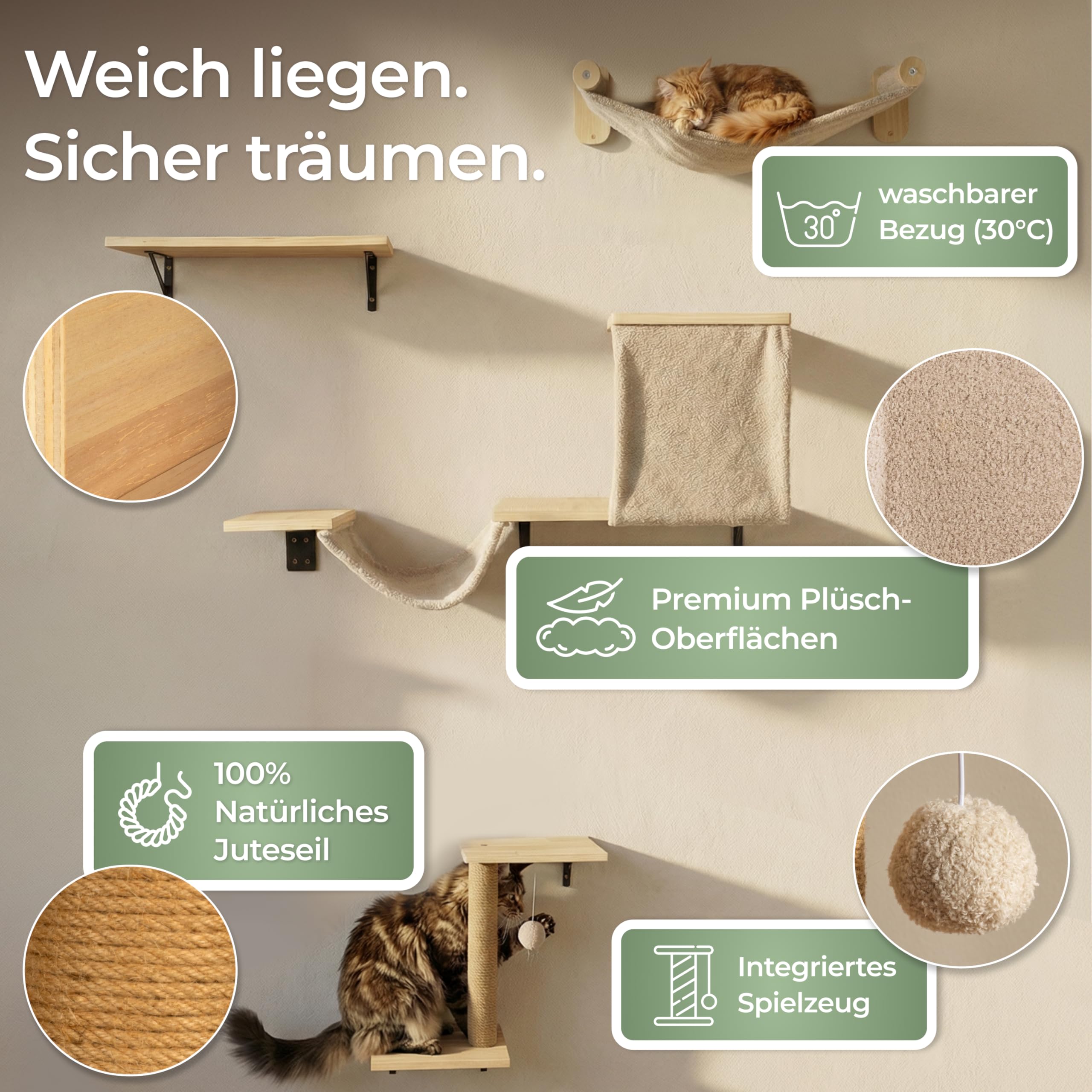 WOOWOOD® 2X Kletterwand Katzen - 3X Katzentreppe Wand [Beste Stabilität] - Kratzbaum Wand, Hängematte Katze, Wandkratzbaum, Katzenmöbel, Katzenwand, Katzen Kletterwand Set (5 teilig)