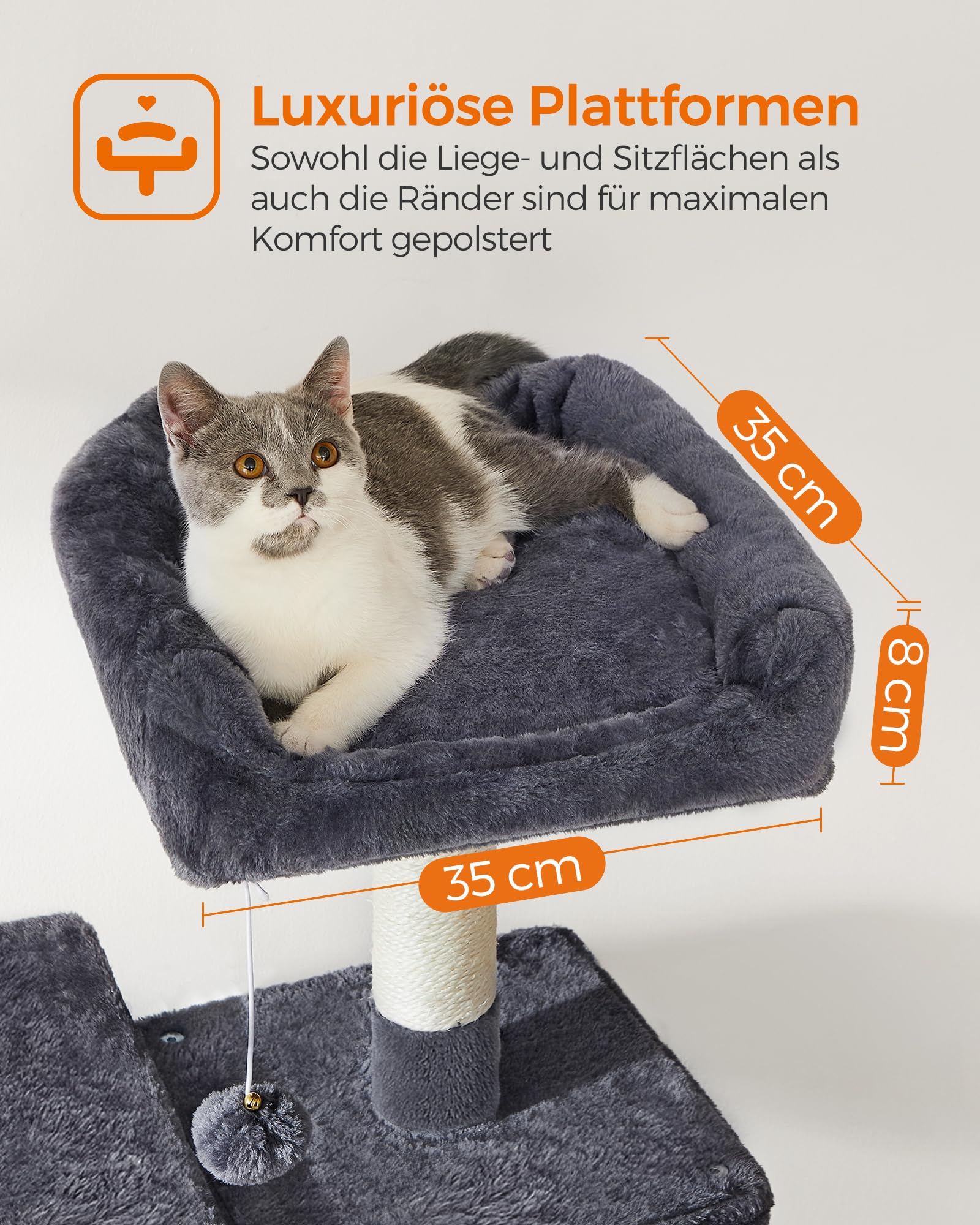 Feandrea Kratzbaum, 143 cm hoch, Katzenbaum, mehrstöckiges Katzenhaus, mit 4 Kratzsäulen, 2 Plattformen, Hängematte, Höhle, hellgrau PCT161W01