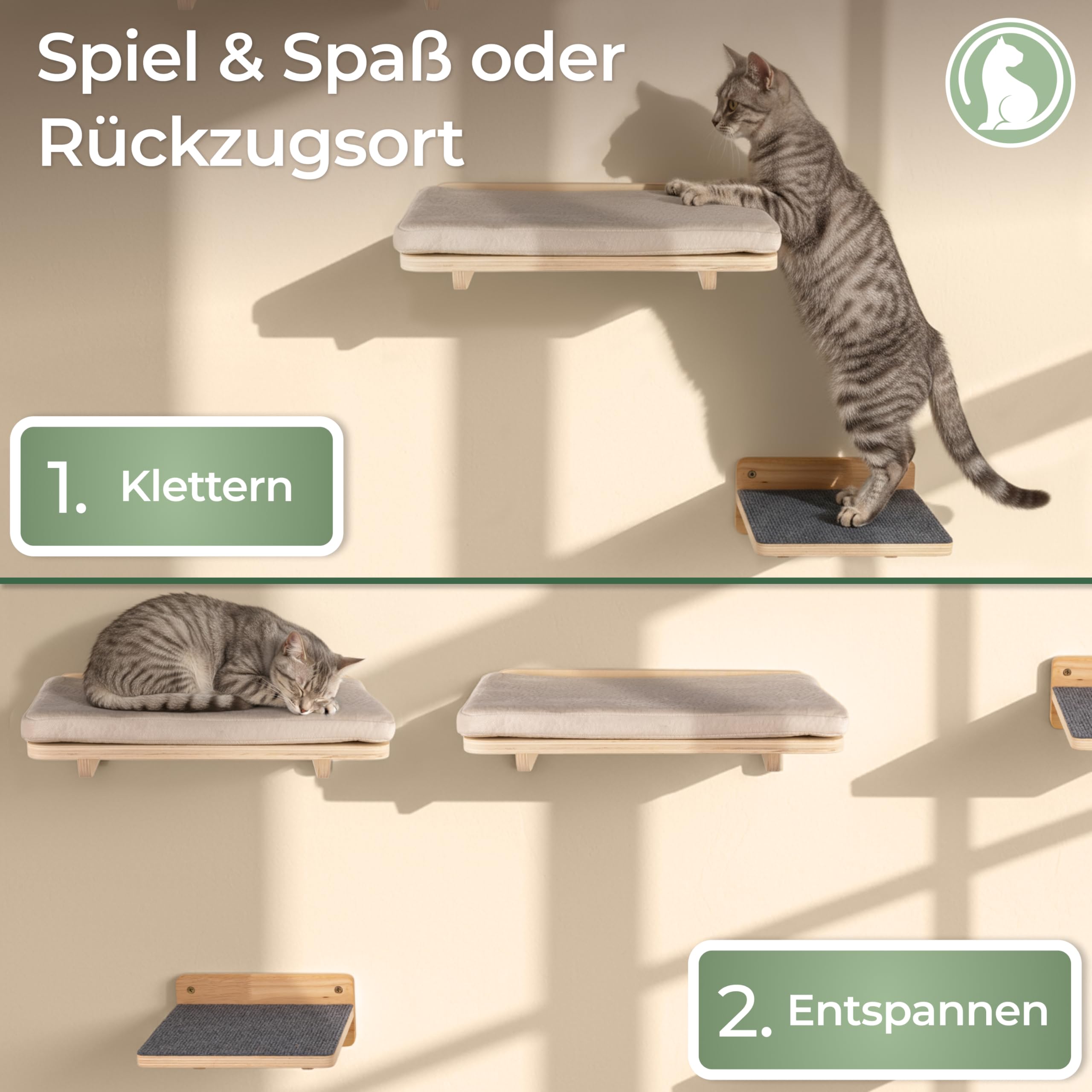WOOWOOD® 2X Kletterwand Katzen - 3X Katzentreppe Wand [Beste Stabilität] - Kratzbaum Wand, Hängematte Katze, Wandkratzbaum, Katzenmöbel, Katzenwand, Katzen Kletterwand Set (5 teilig)