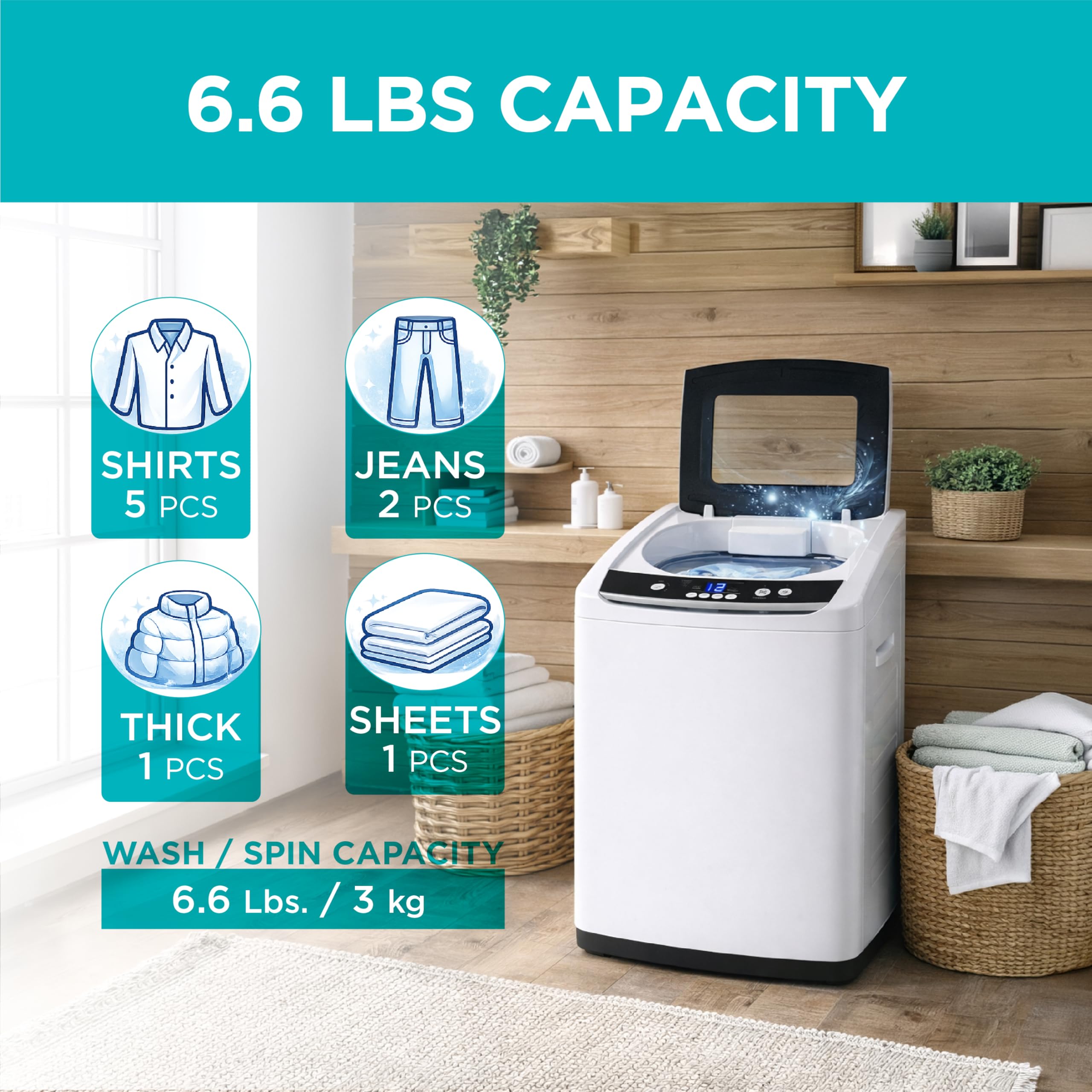 BLACK+DECKER Small Portable Washer, Washing Machine for Household Use, Portable Washer 2.0 Cu. Ft. with 6 Cycles, Transparent Lid & LED Display