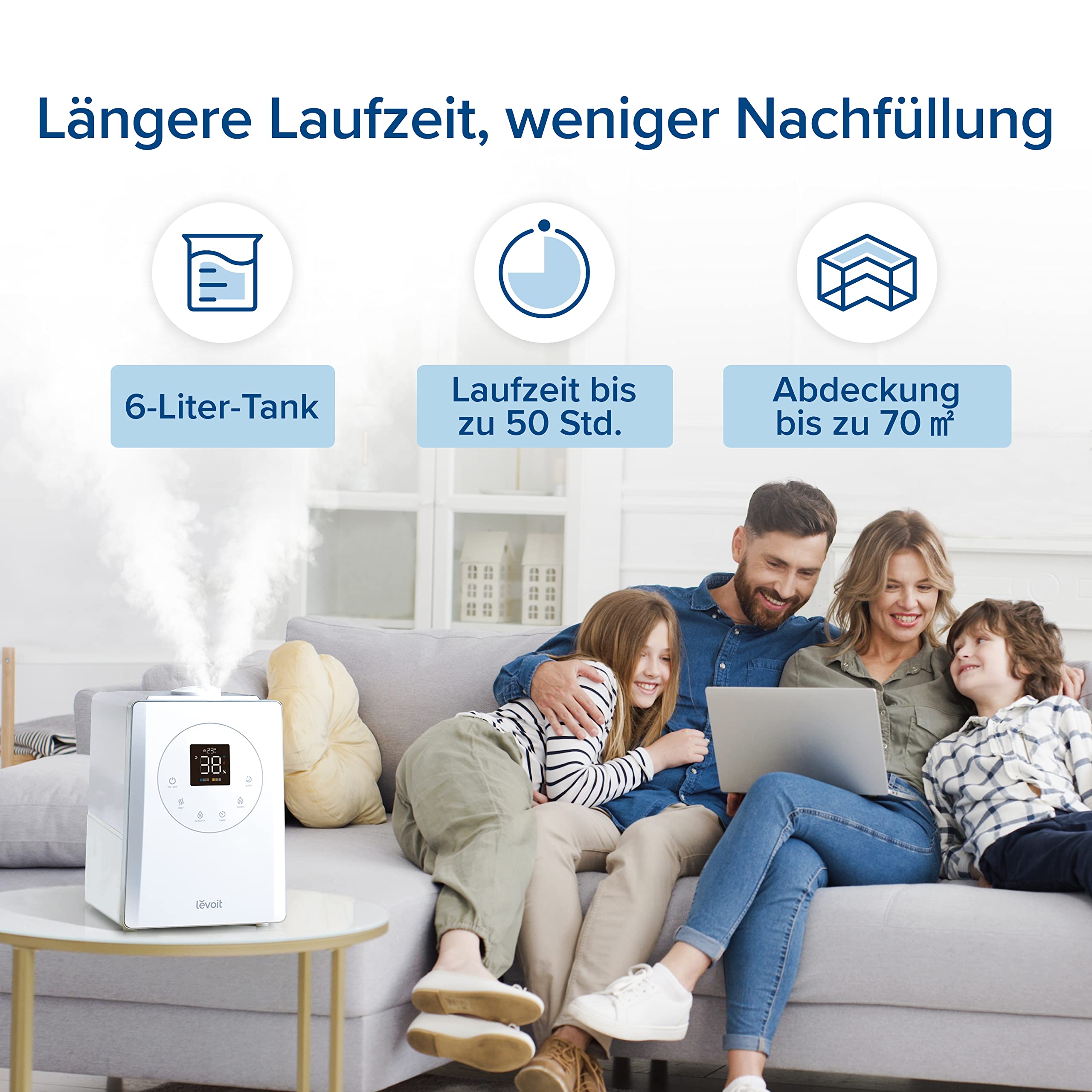 Levoit Luftbefeuchter Schlafzimmer, 23dB leise Humidifier, Top-Fill für Baby, bis 25H, Raumbefeuchter mit 360 grad Drehdüse für Kinderzimmer, Pflanzen, Auto Shut-off, 2,5 L, Weiß