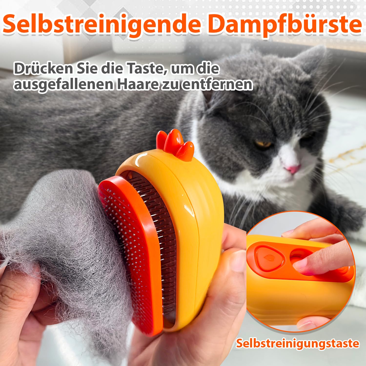 Katzenbürste mit Dampf & Auslöseknopf, Wiederaufladbar Dampfbürste von Katze Hunde, Spray Haustierhaar Bürste, Massage Steamer Kamm für Langhaar und Kurzhaar zum Entfernen Losem Fell und Schmutz