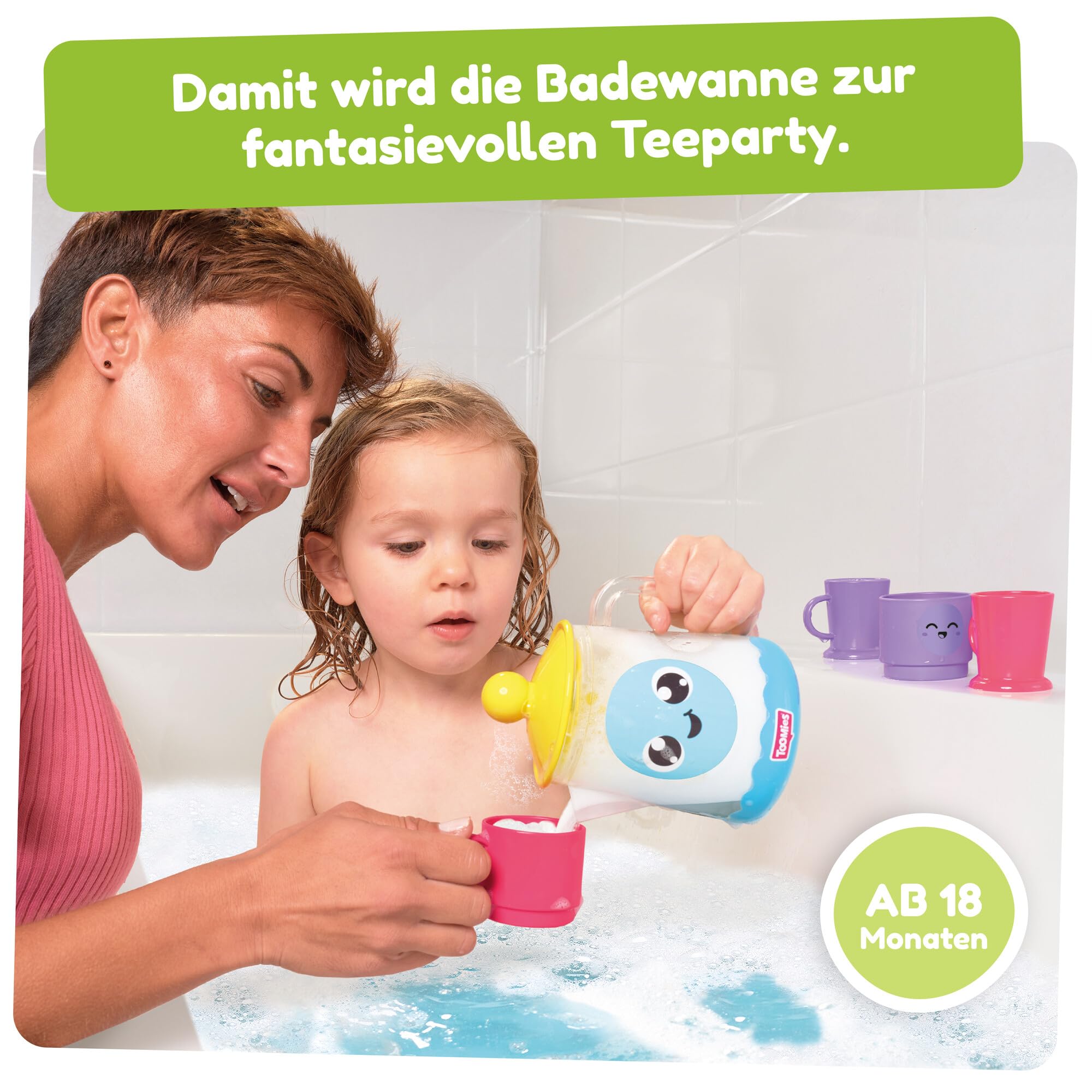 Tomy Toomies Bade-Barista, Wandmontiertes Baby-Badespielzeug als Café & Schaumbad-Spielküche für Kleinkinder - Küchen-Set: 3 Tassen, 1 Krug, 1 Shaker – ab 18 Monaten für Mädchen & Jungen