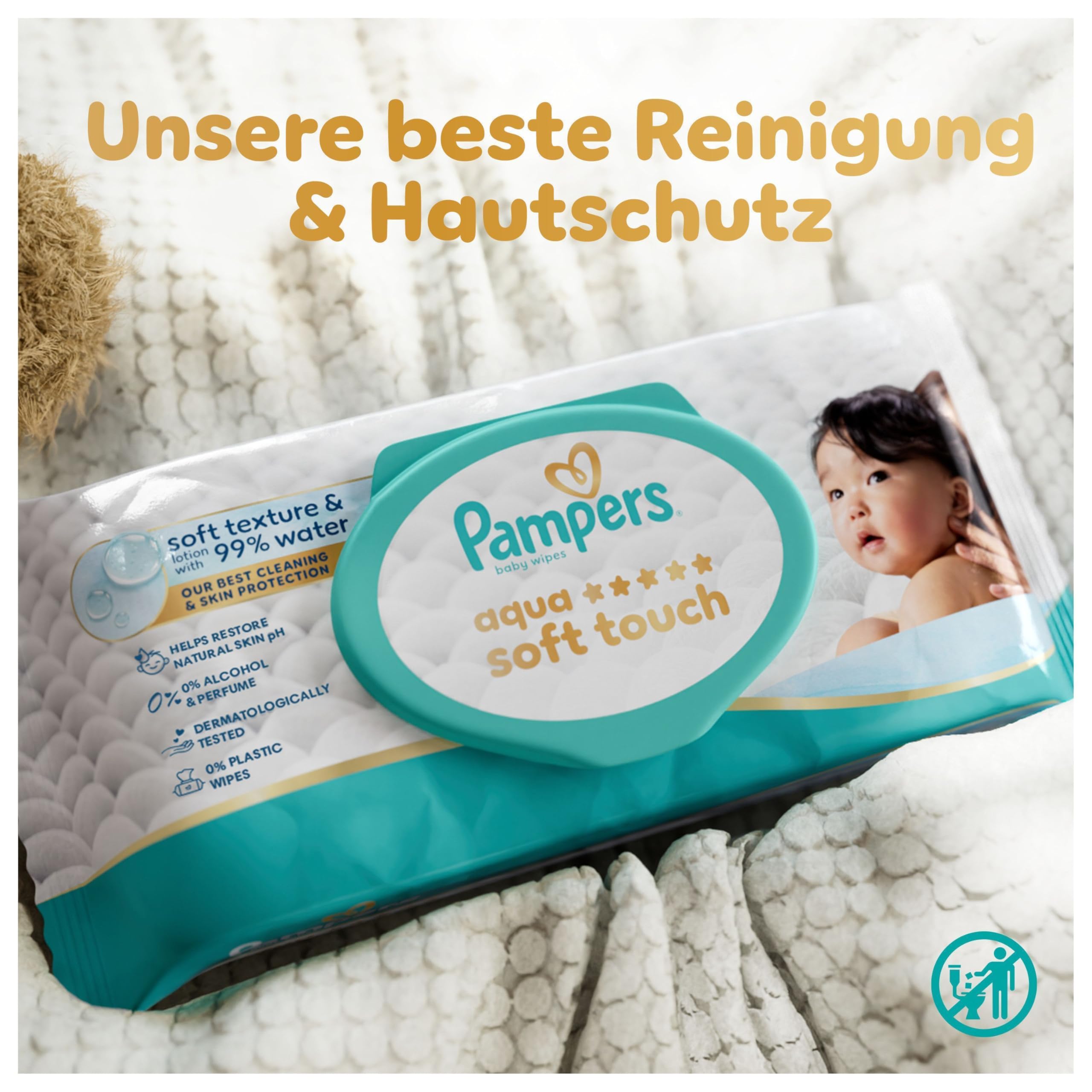 Pampers Aqua Soft Touch Baby-Feuchttücher, 18 Packungen mit 48 Feuchttüchern = 864 Baby-Feuchttücher, weiche Textur & Lotion mit 99% Wasser