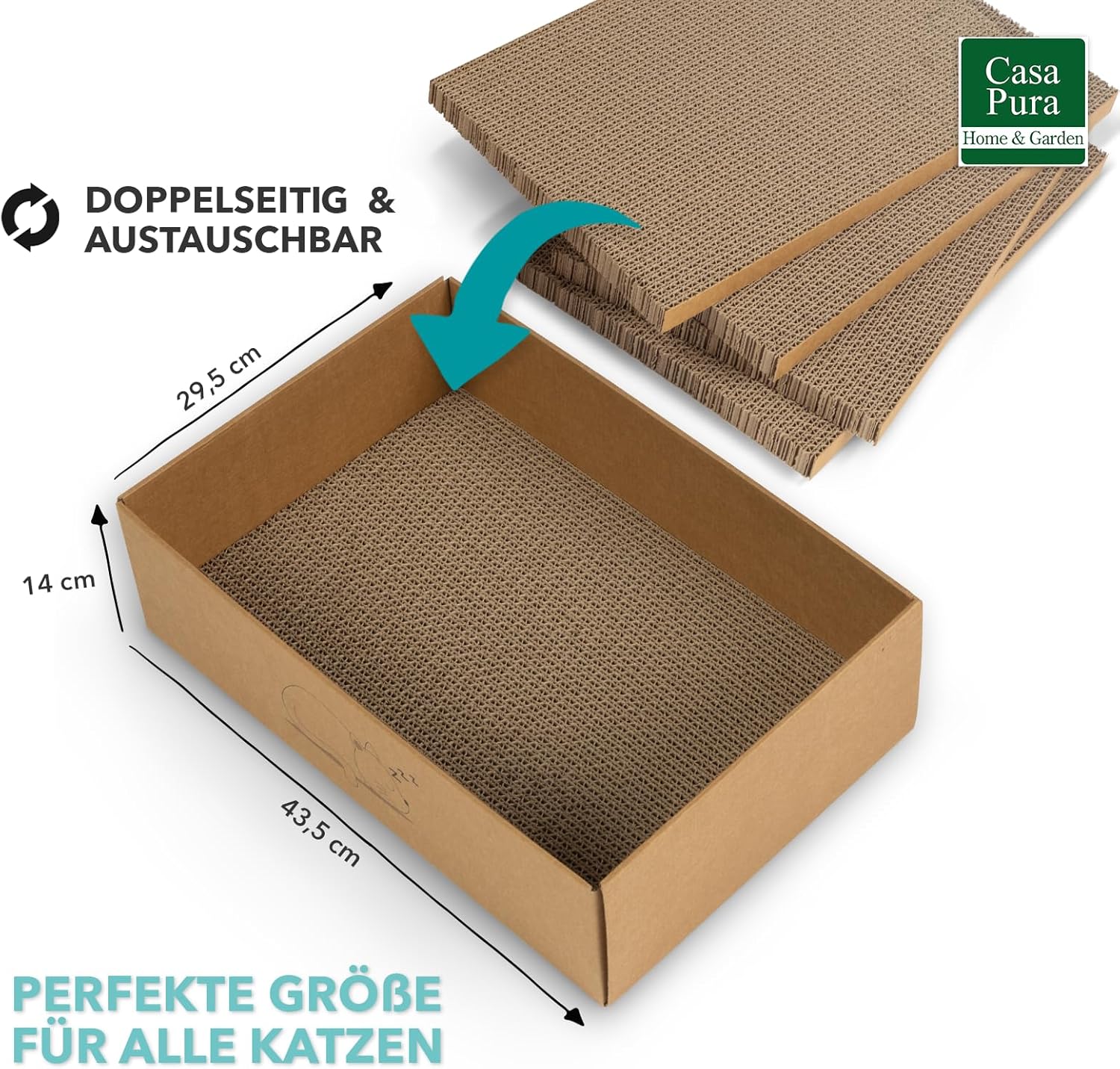 casa pura Katzenkratzbox Tiger mit 5 Kratzbrettern - 43,5 x 29,5 x 14 cm - Doppelseitige Kratzpappe für Katzen - Kratzbrett Katze zur Krallenpflege