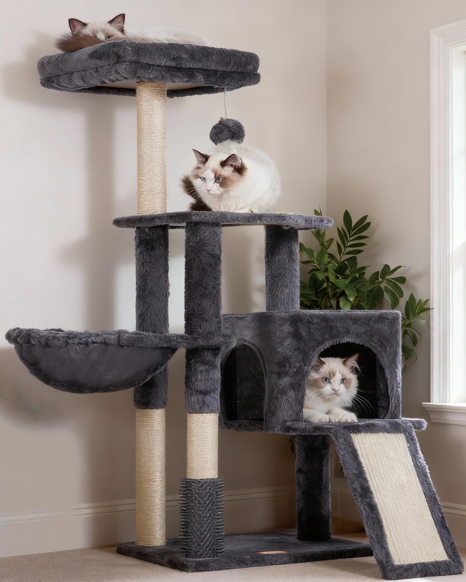 Heybly Kratzbaum mit Katzenbürste, Katzenbaum für Hauskatzen mit Gepolsterter Sitzstange aus Plüsch, Katzenkratzbaum mit Korb, Kratzbrett und Kratzbaum, Hellgrau HCT005SW