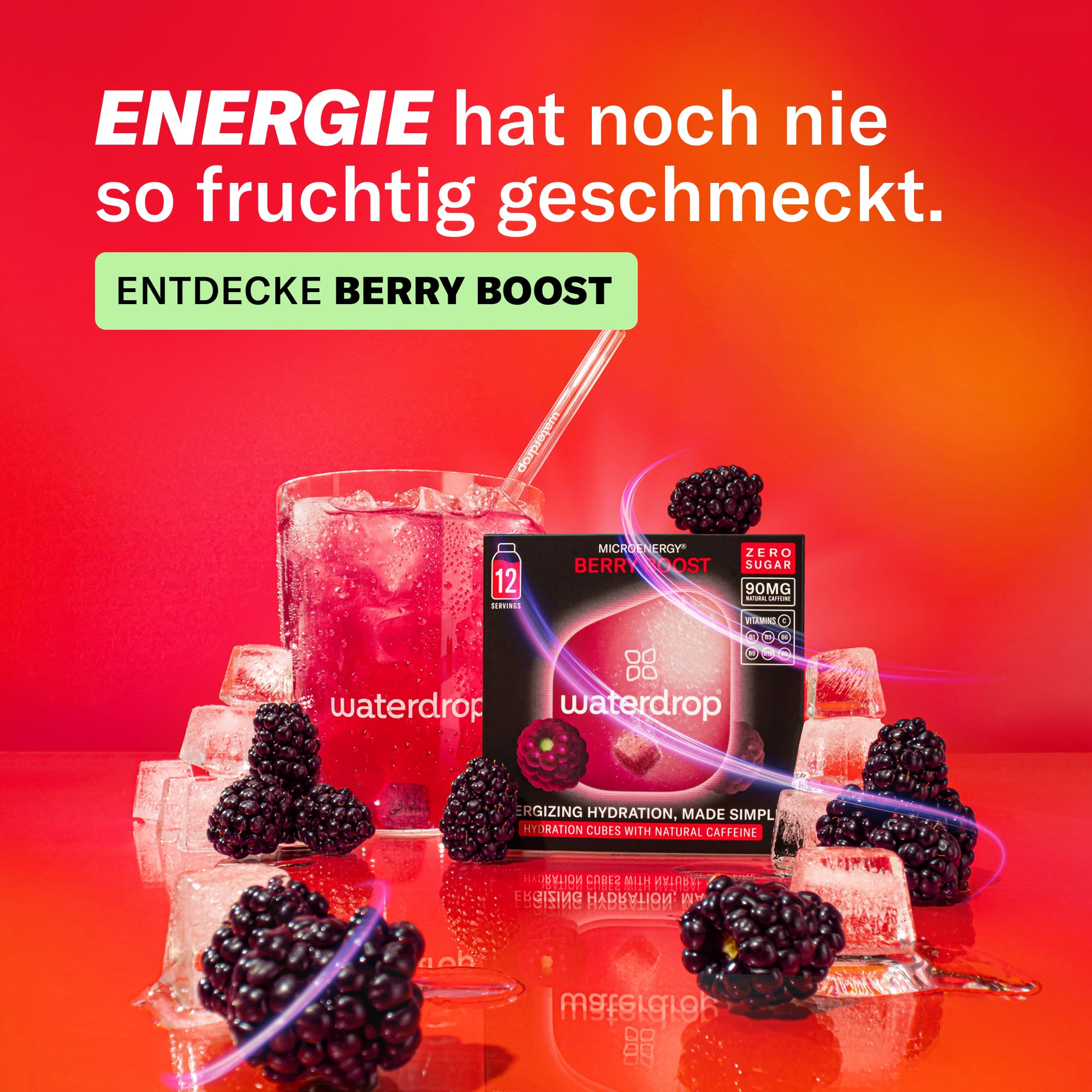waterdrop® Microenergy Set, Energy Drink Pulver, 36 Würfel Getränkepulver, Mango, Kirsche & Brombeere Geschmack, Zuckerfrei & Kalorienarm, Mit 90 mg Natürlichem Koffein, Vitamin C & B – Flavour Drops