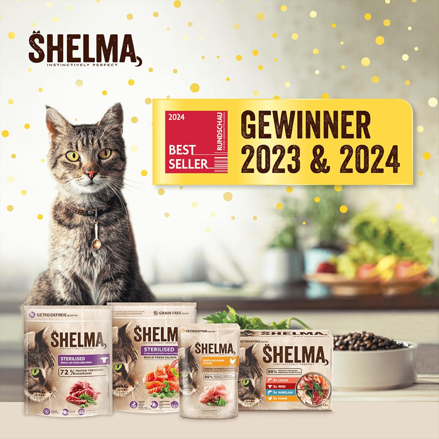 Shelma Katzen-Nassfutter Fleisch Megapack mit den Sorten Rind, Truthahn, Huhn und Ente – Getreidefreies Alleinfuttermittel mit hohem Fleischanteil – 40 x 85 g (3,4 kg)