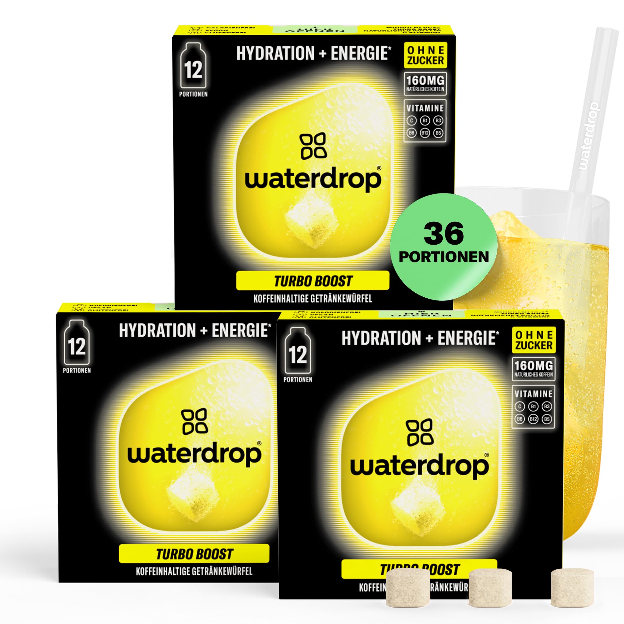 waterdrop® Microenergy Set, Energy Drink Pulver, 36 Würfel Getränkepulver, Mango, Kirsche & Brombeere Geschmack, Zuckerfrei & Kalorienarm, Mit 90 mg Natürlichem Koffein, Vitamin C & B – Flavour Drops