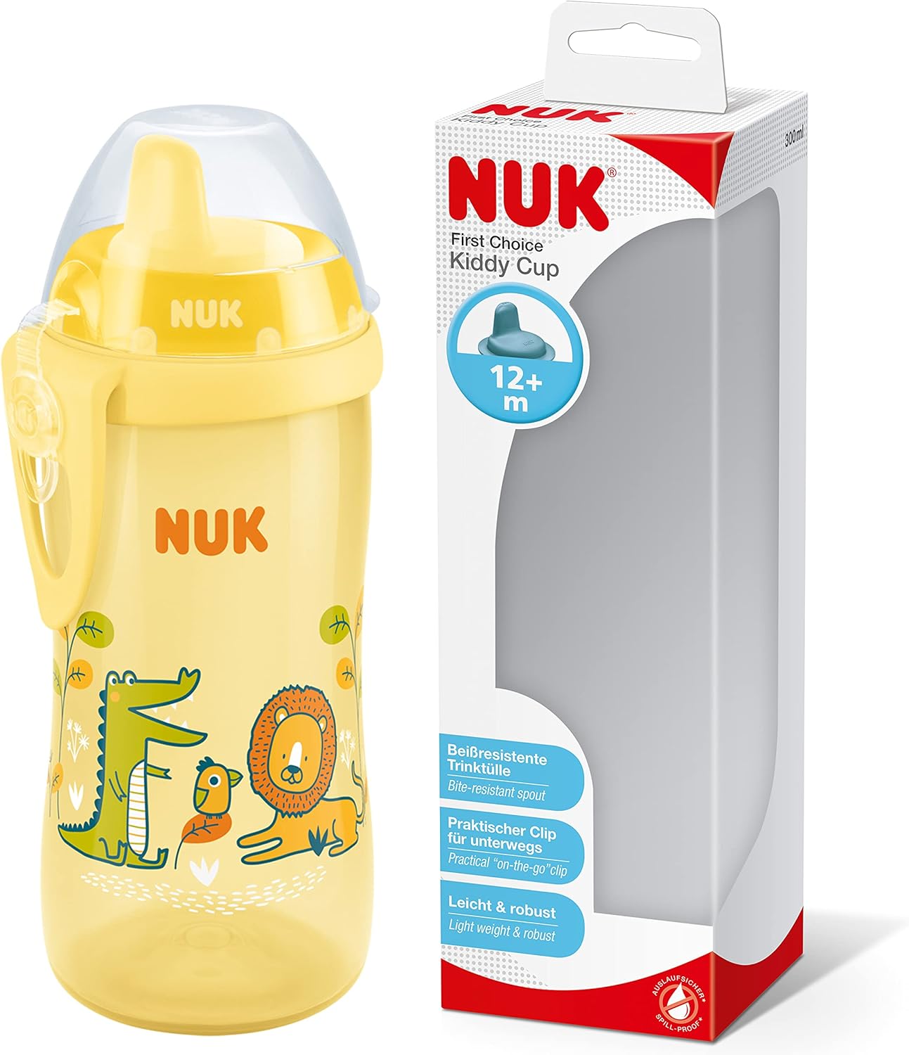 NUK Kiddy Cup Night Trinkbecher für Kleinkinder | 12+ Monate | 300 ml | Auslaufsicheres, verstärktes Mundstück | Leuchtet im Dunkeln | Clip & Schutzkappe | BPA-frei | Blau